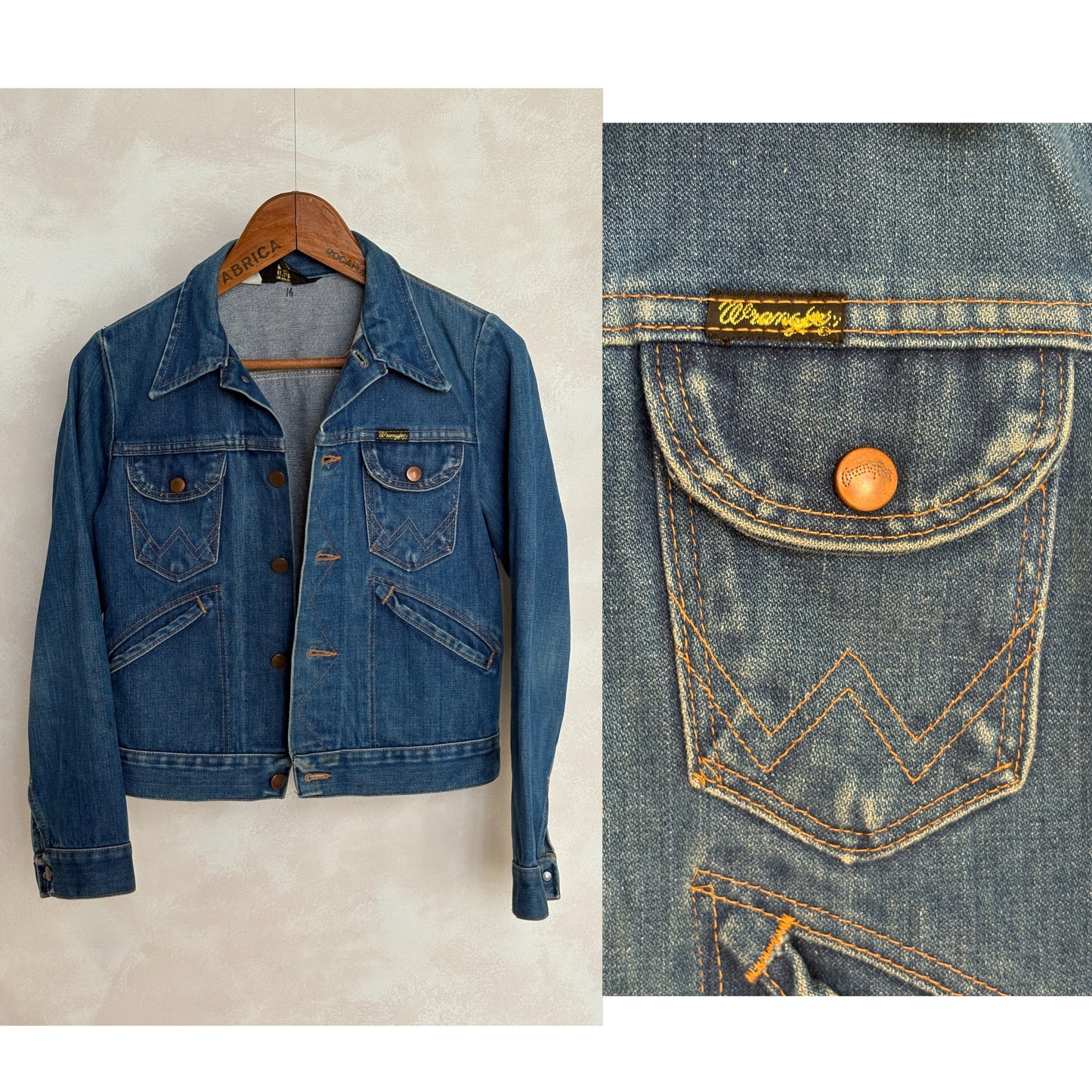Size 16 . Vintage 70s Wrangler Denim Jacket – 4 Pockets – Made in USA