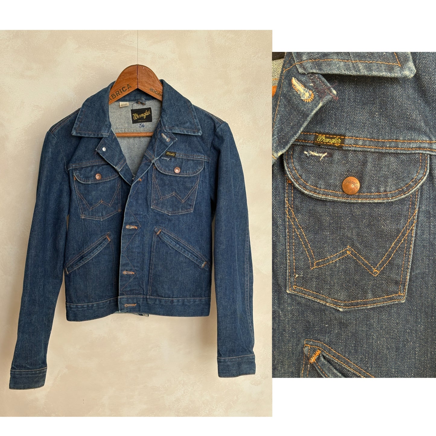 Size 36US / 46EU . Vintage 70s Wrangler Denim Jacket – 4 Pockets – Made in USA
