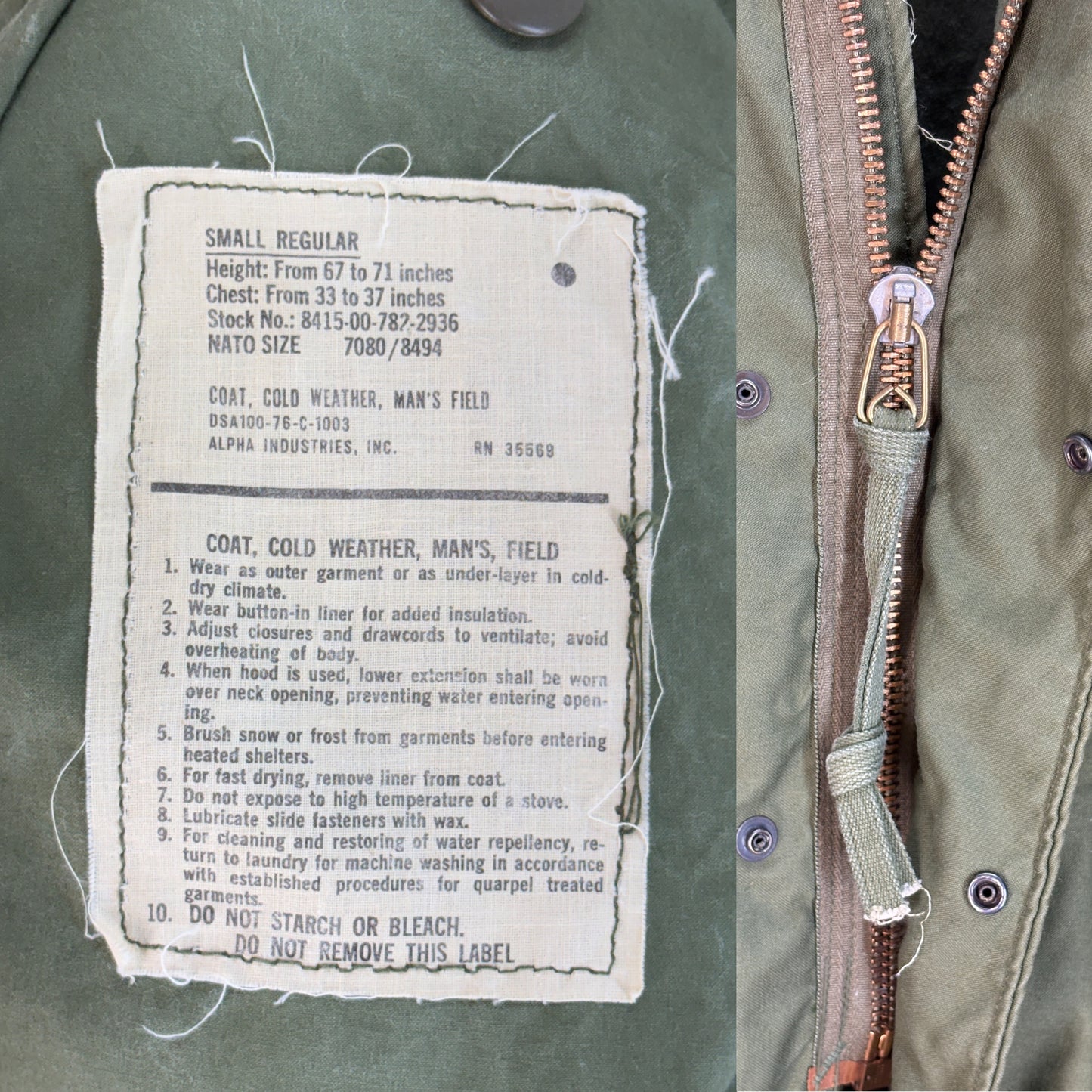 Small Reg. Alpha industries Authentic 1976 US M-65 field jacket .Military