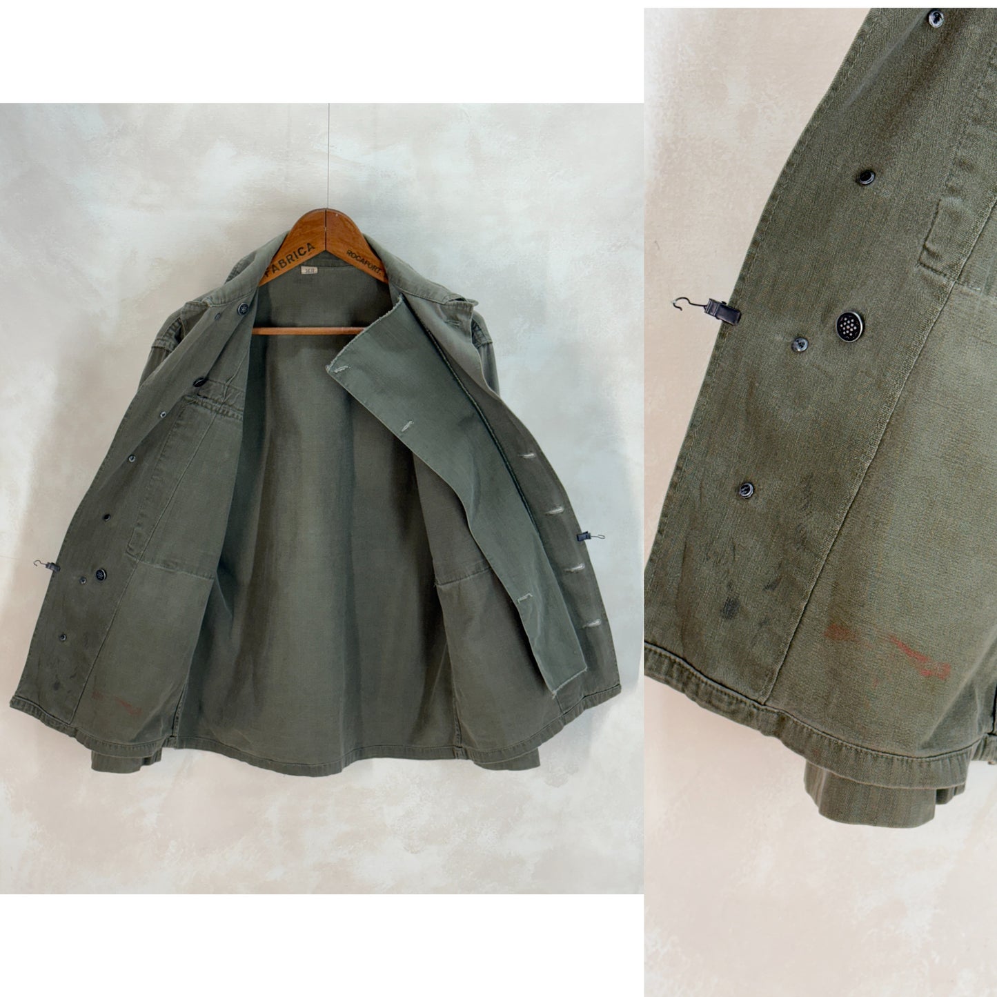 36 Reg. (Medium) Authentic 1950s US Army HBT Utility Shirt – Korean War Era – Type II – 13 Star Buttons