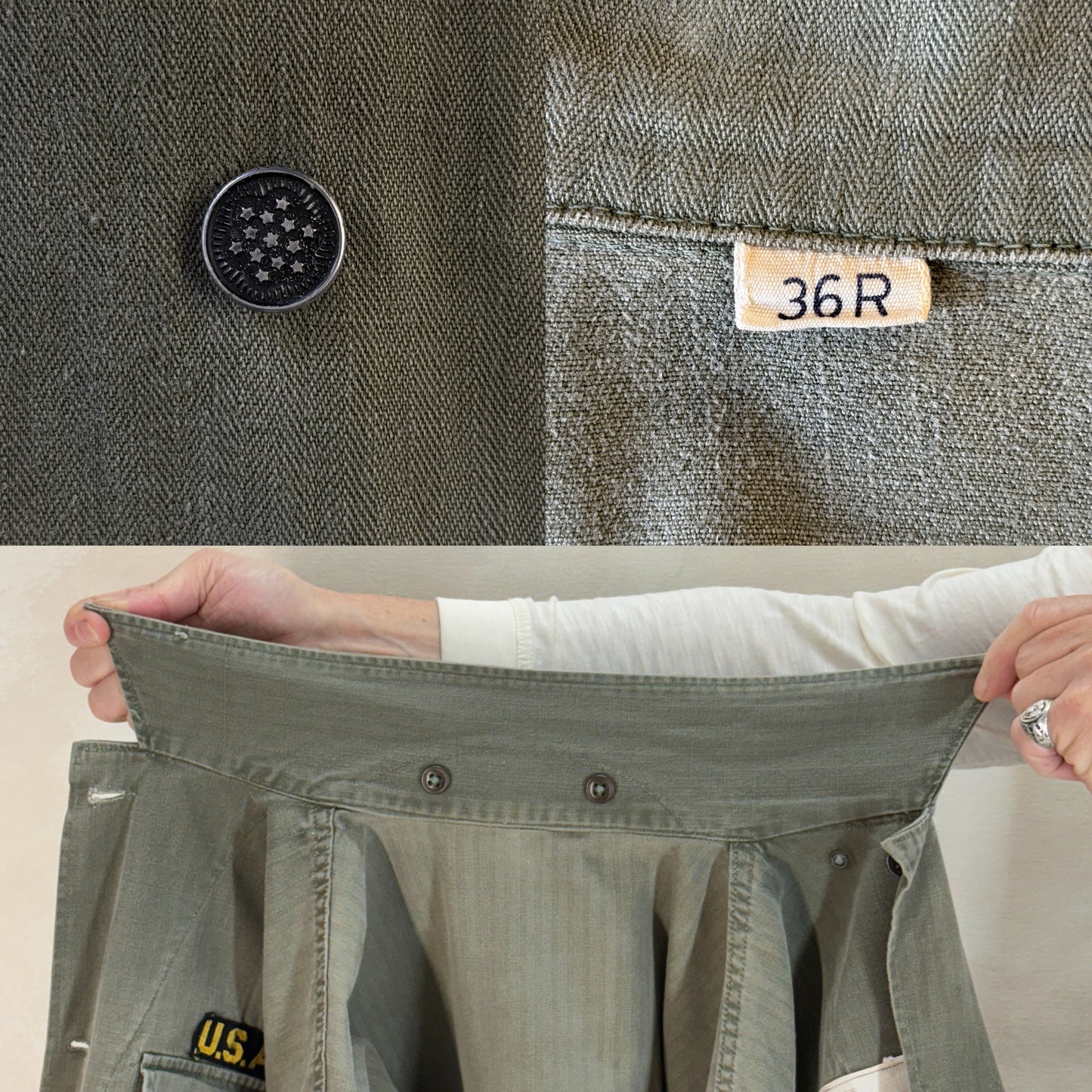 36 Reg. (Medium) Authentic 1950s US Army HBT Utility Shirt – Korean War Era – Type II – 13 Star Buttons