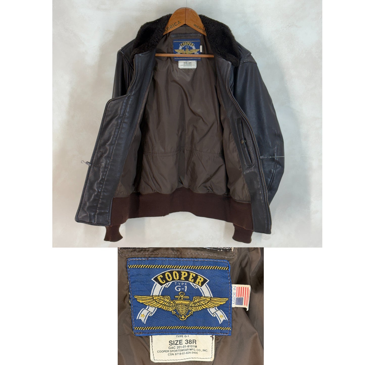 Size 38US / 48EU. 2001 Vintage Cooper G-1 Flight Jacket Made in USA - Leather Bomber