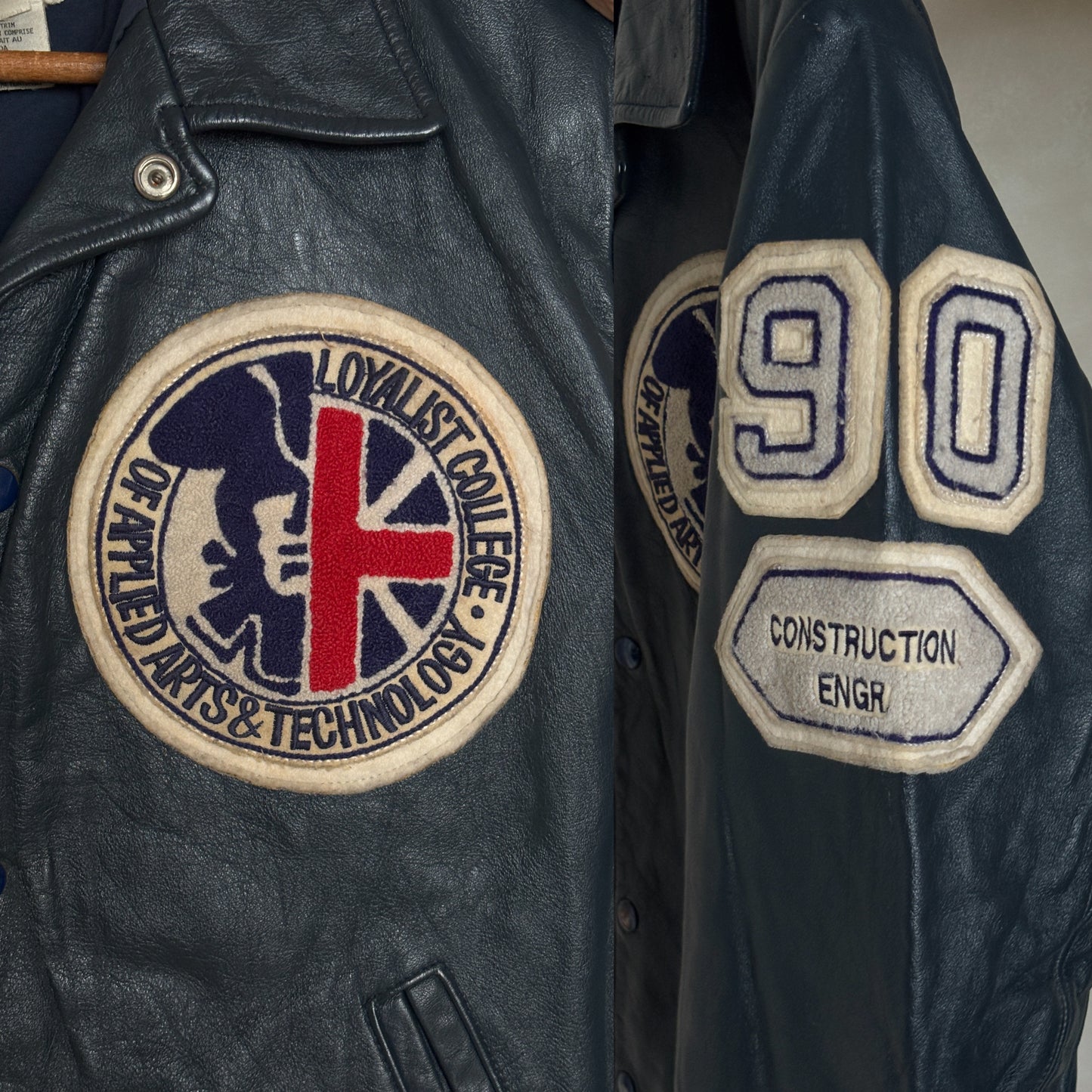 Size 42US / 52EU Vintage 1990 Loyalist College Varsity Leather Jacket — Construction Engineering Program — Made in Canada