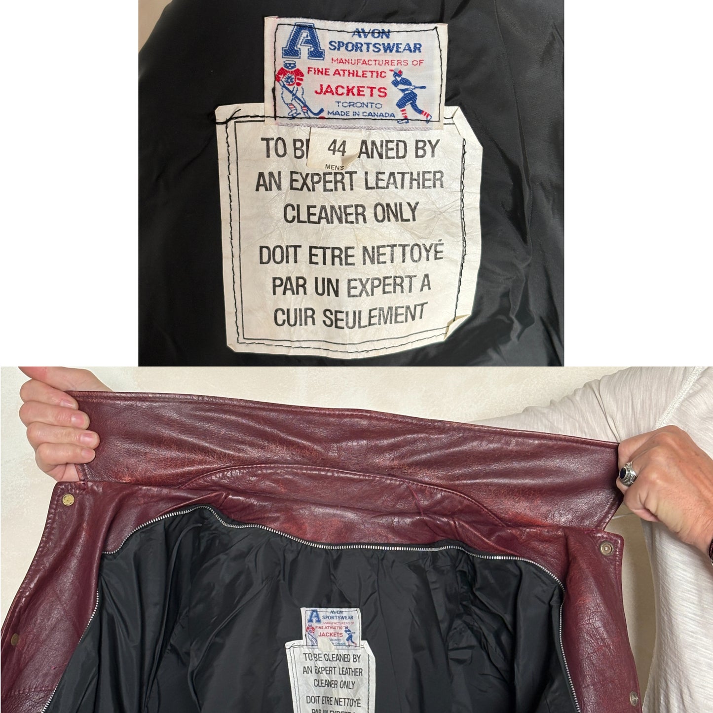 Size 44US / 54EU Vintage University of Ottawa Varsity Jacket — Maroon Leather Bomber — Canadian College Jacket 1970s