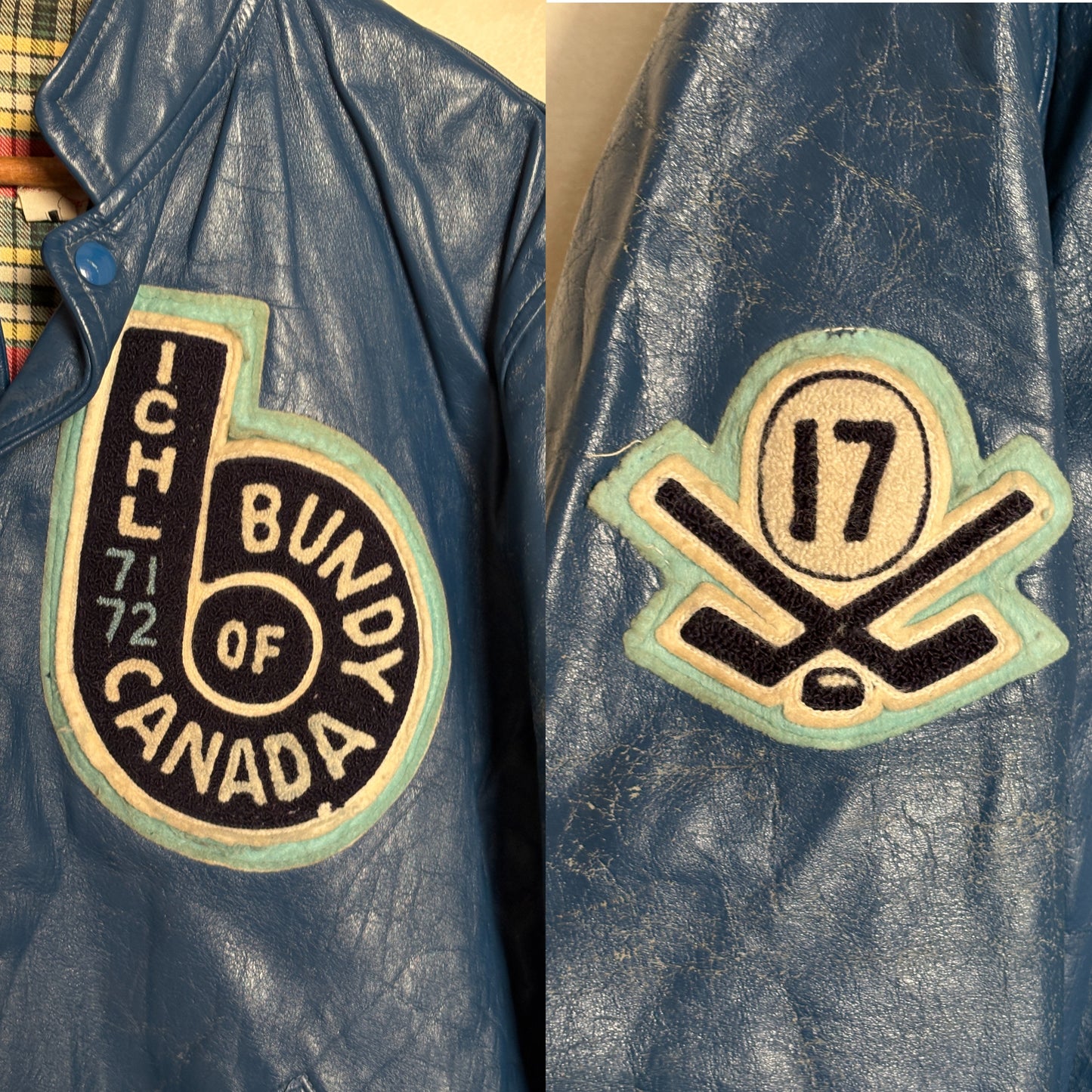 Size 44US / 54EU Vintage 1970s Bundy of Canada Hockey Jacket — ICHL 71-72 Varsity Leather Bomber — Rare Canadian Sports Collectible