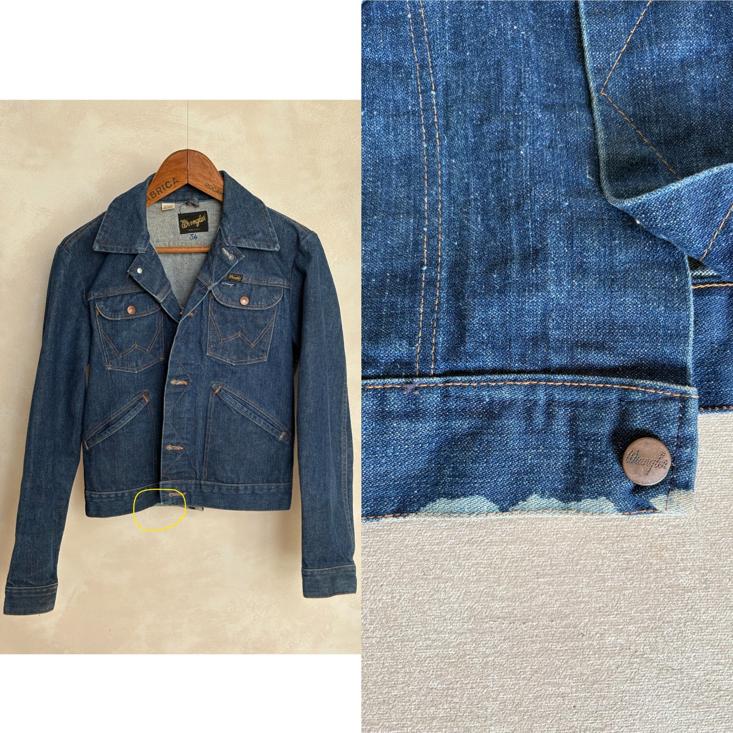 Size 36US / 46EU . Vintage 70s Wrangler Denim Jacket – 4 Pockets – Made in USA