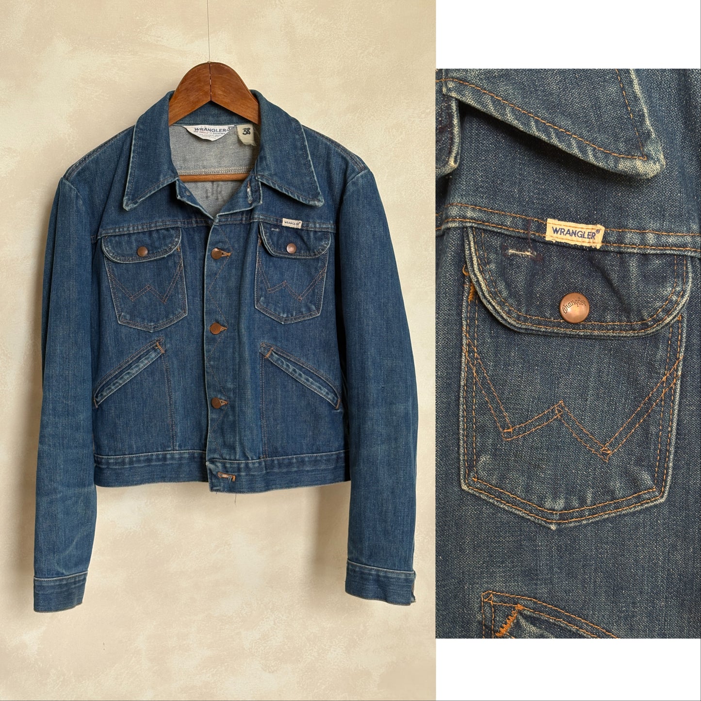 Size 34US / 44EU. Authentic 80s Wrangler denim jacket -4 pockets- Made in the USA