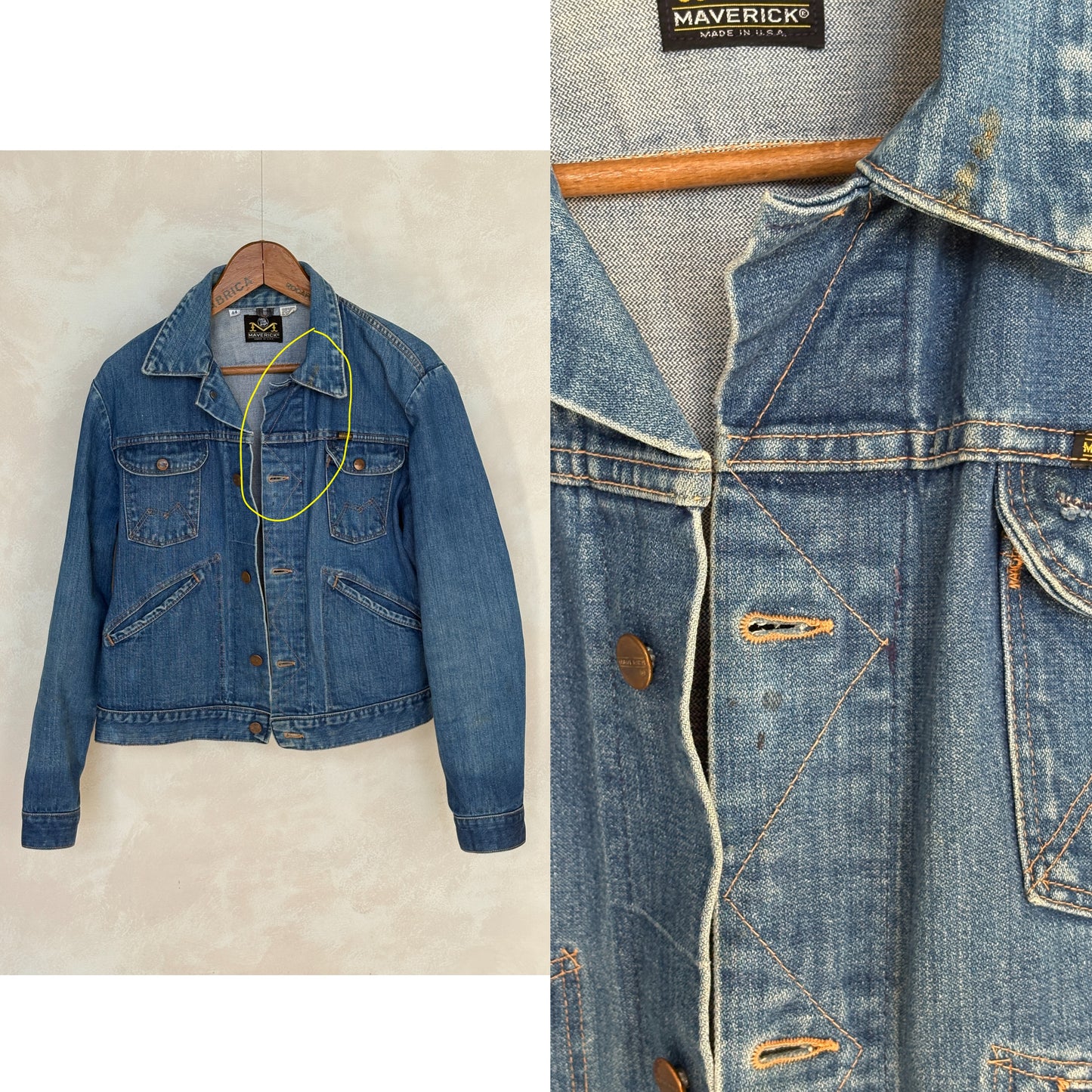 Size 44US / 54EU. Authentic 70s Maverick denim Jacket – Made in USA