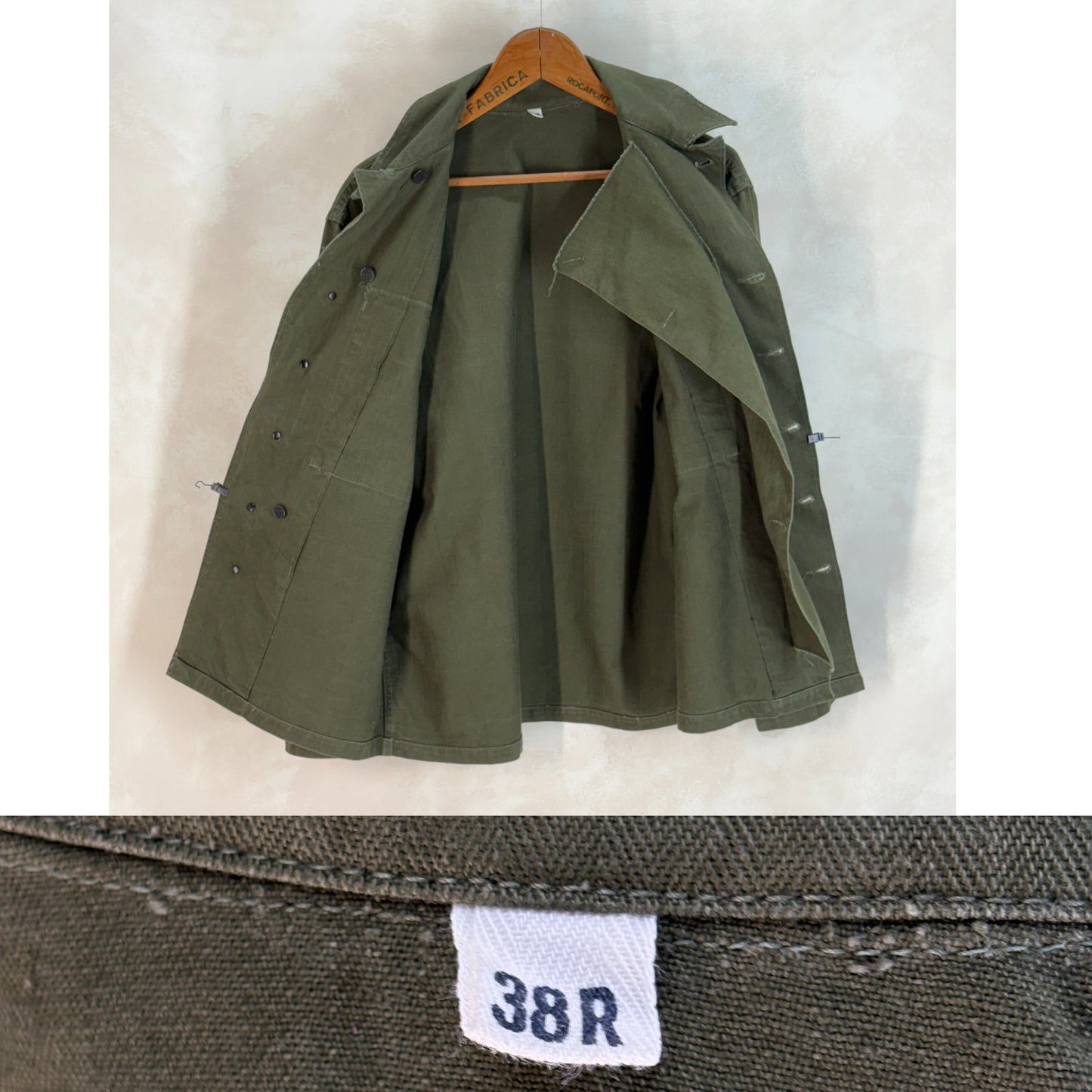 Size 38 Reg ( Med/ Large) Authentic WWII US Army HBT Shirt – M1942 – 13 Star Buttons – Gas Flap – WW2 Vintage