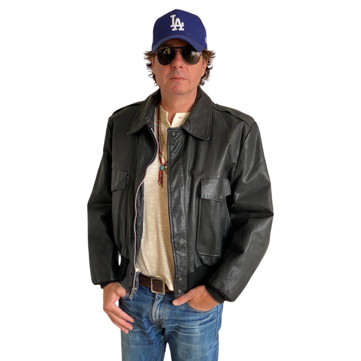Size XL. Vintage Black leather bomber Flight Jacket Aviator