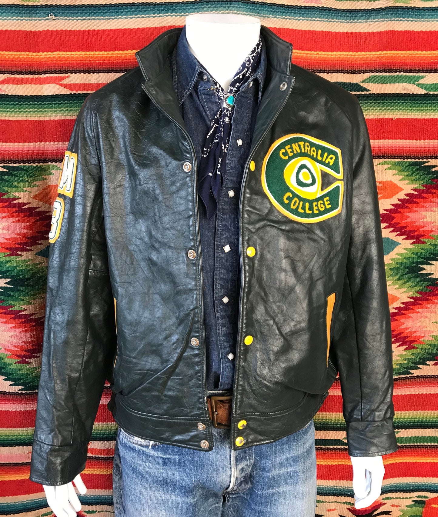 Vintage '93 Canadian Leather College Jacket Dark Green Size 46