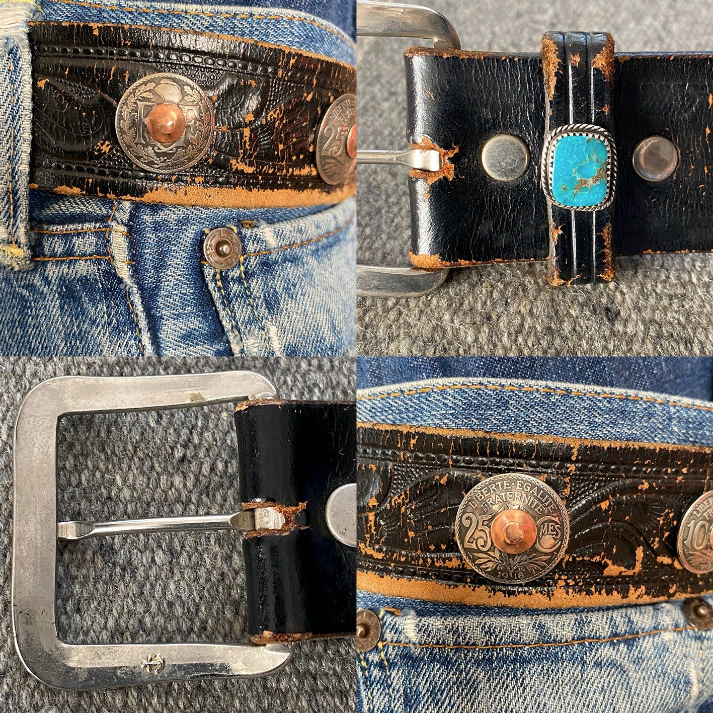 Vintage distress leather belt dressed up with 20s & 30s French coins