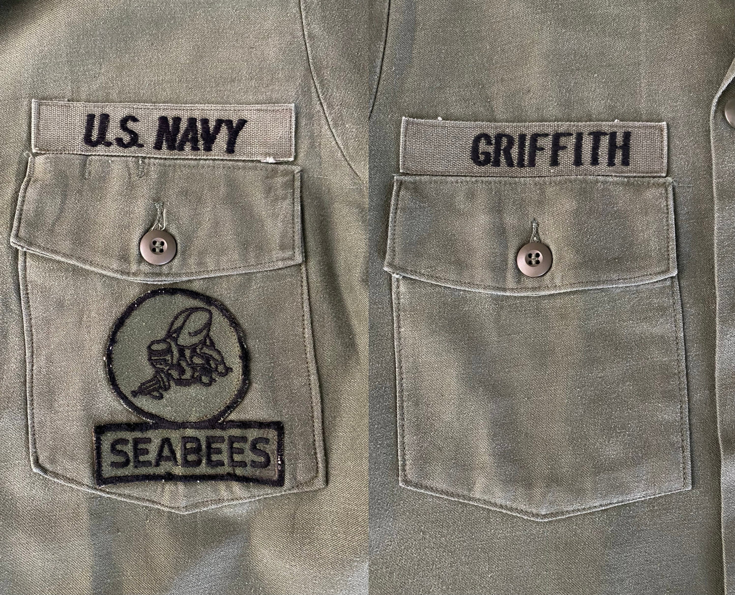Size M. Authentic Seabees US Army 70s Vietnam era Vintage OG-107 fatigue Shirt.