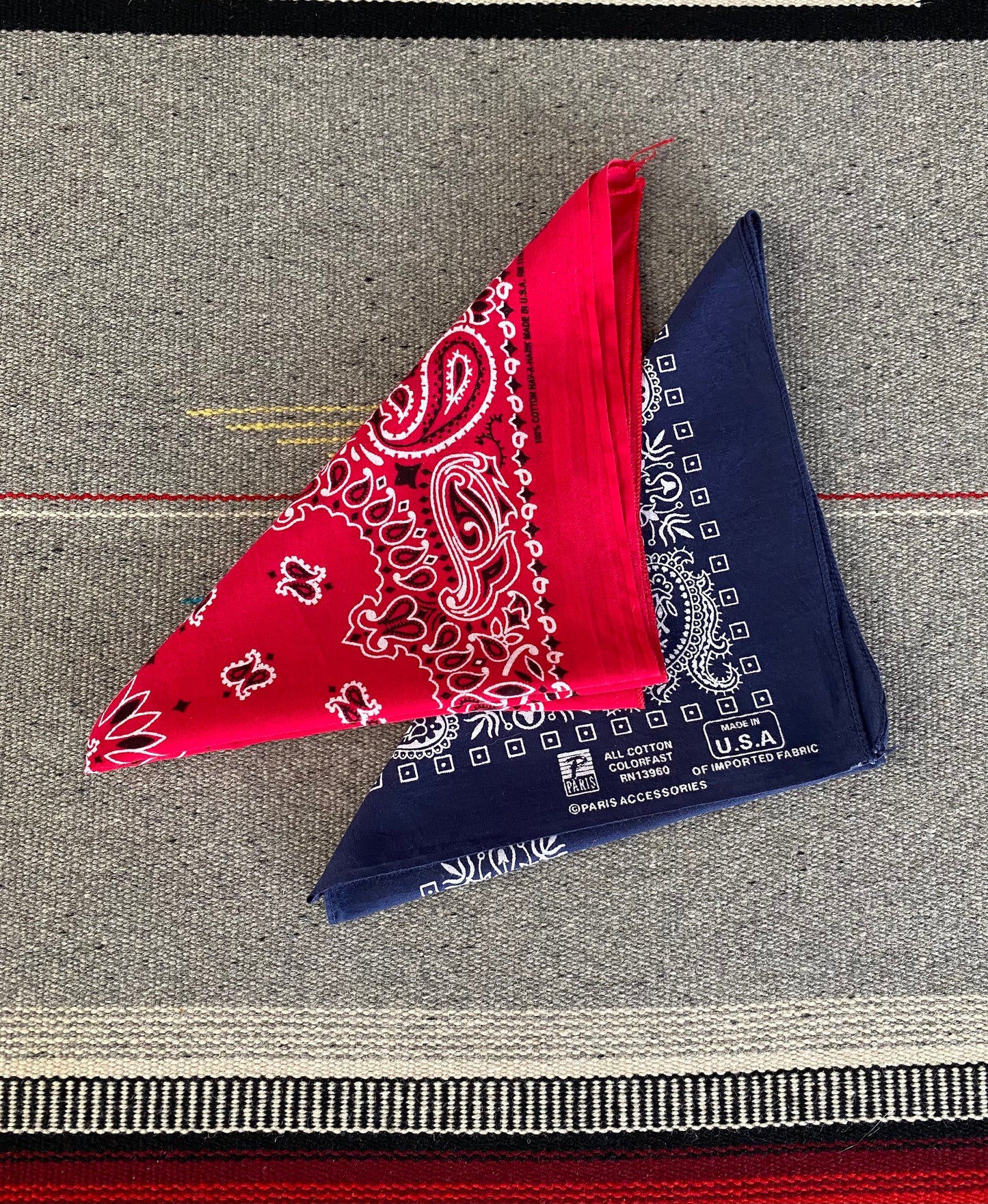2 Vintage Bandanas Made in USA. One Red, one Bleu.