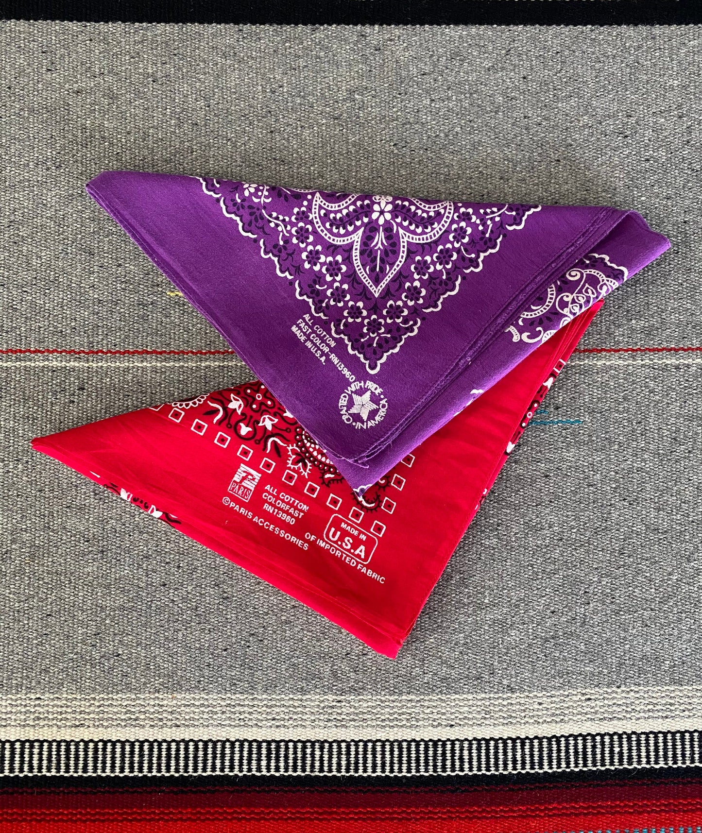 2 Vintage Bandanas Made in USA. One Red, one Purple.