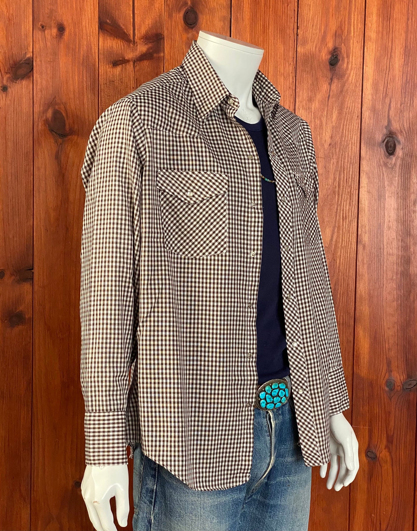 Vintage 70s Black Gingham Western Shirt - Size L, Made by Fantasia Jason