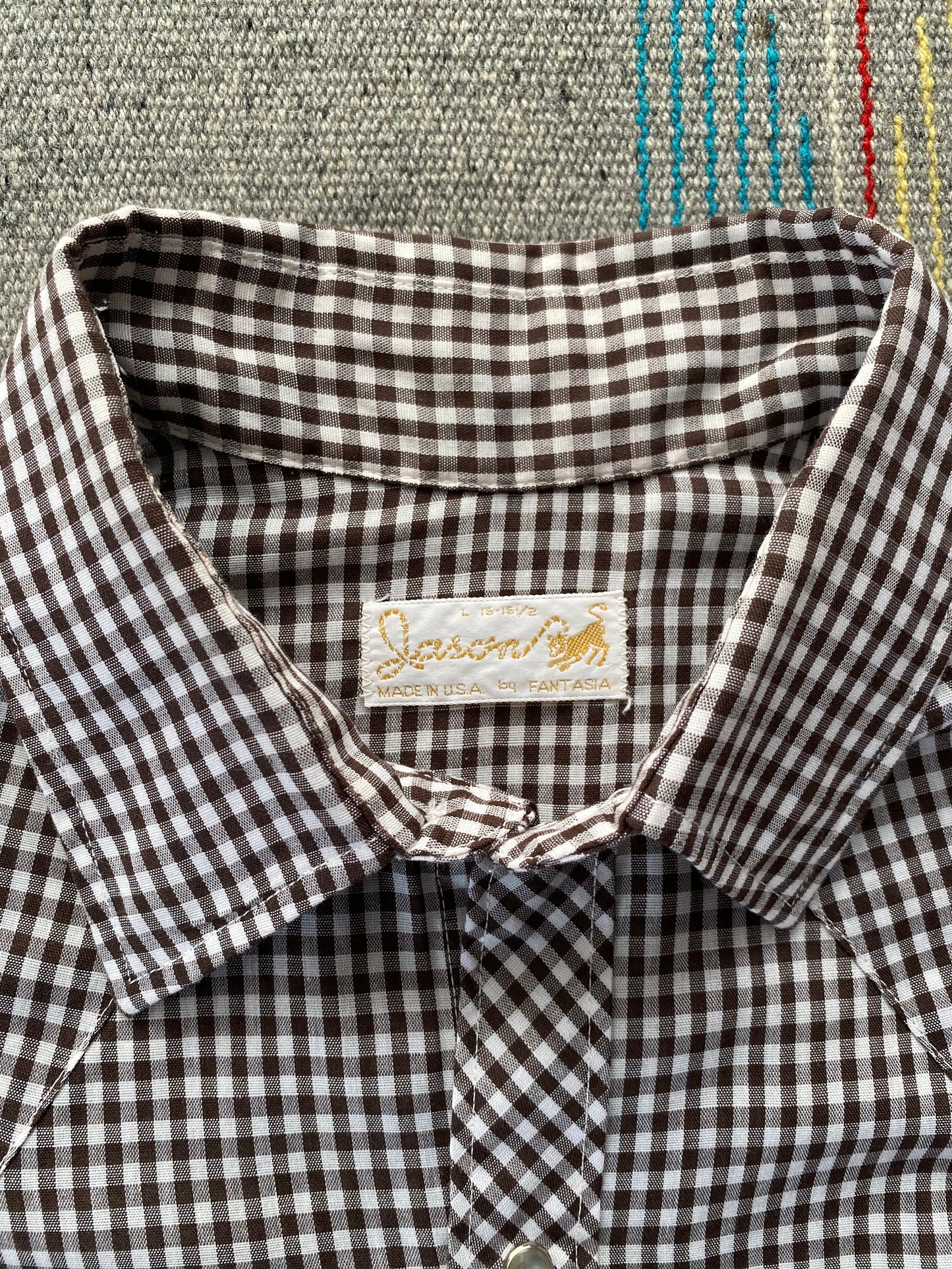 Vintage 70s Black Gingham Western Shirt - Size L, Made by Fantasia Jason