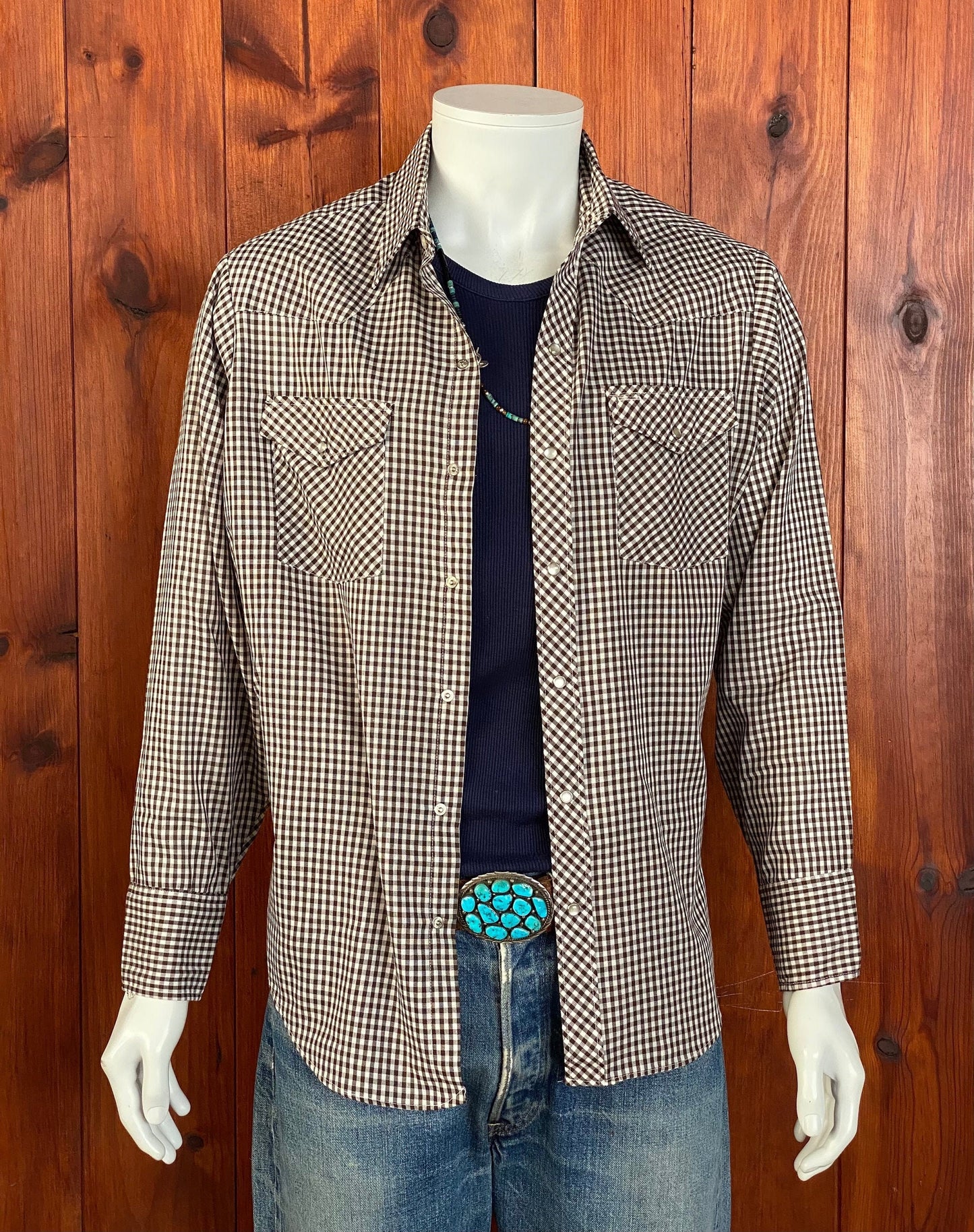Vintage 70s Black Gingham Western Shirt - Size L, Made by Fantasia Jason
