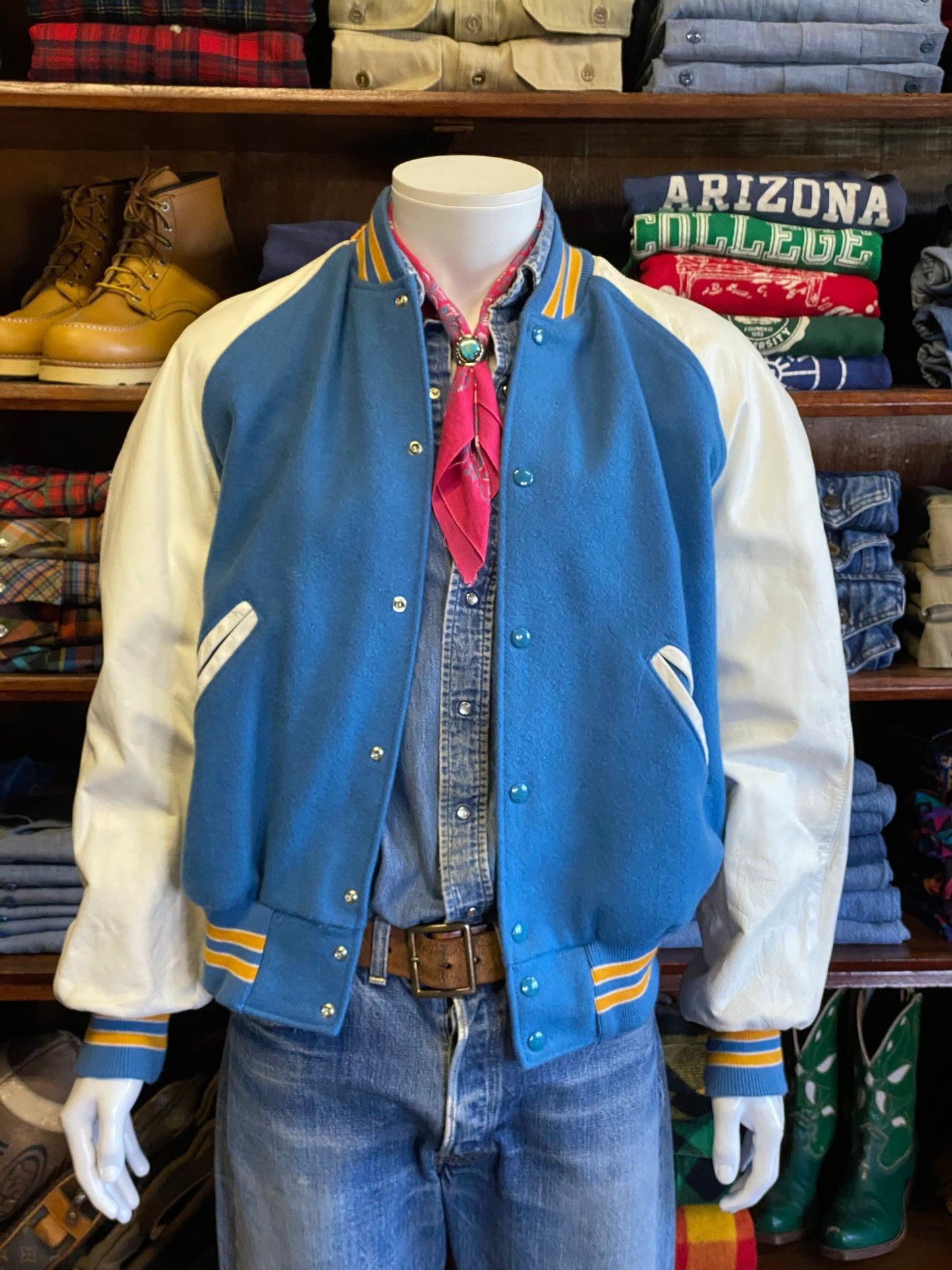 Size Medium. Leather sleeve Vintage 90s Varsity jacket Made In USA