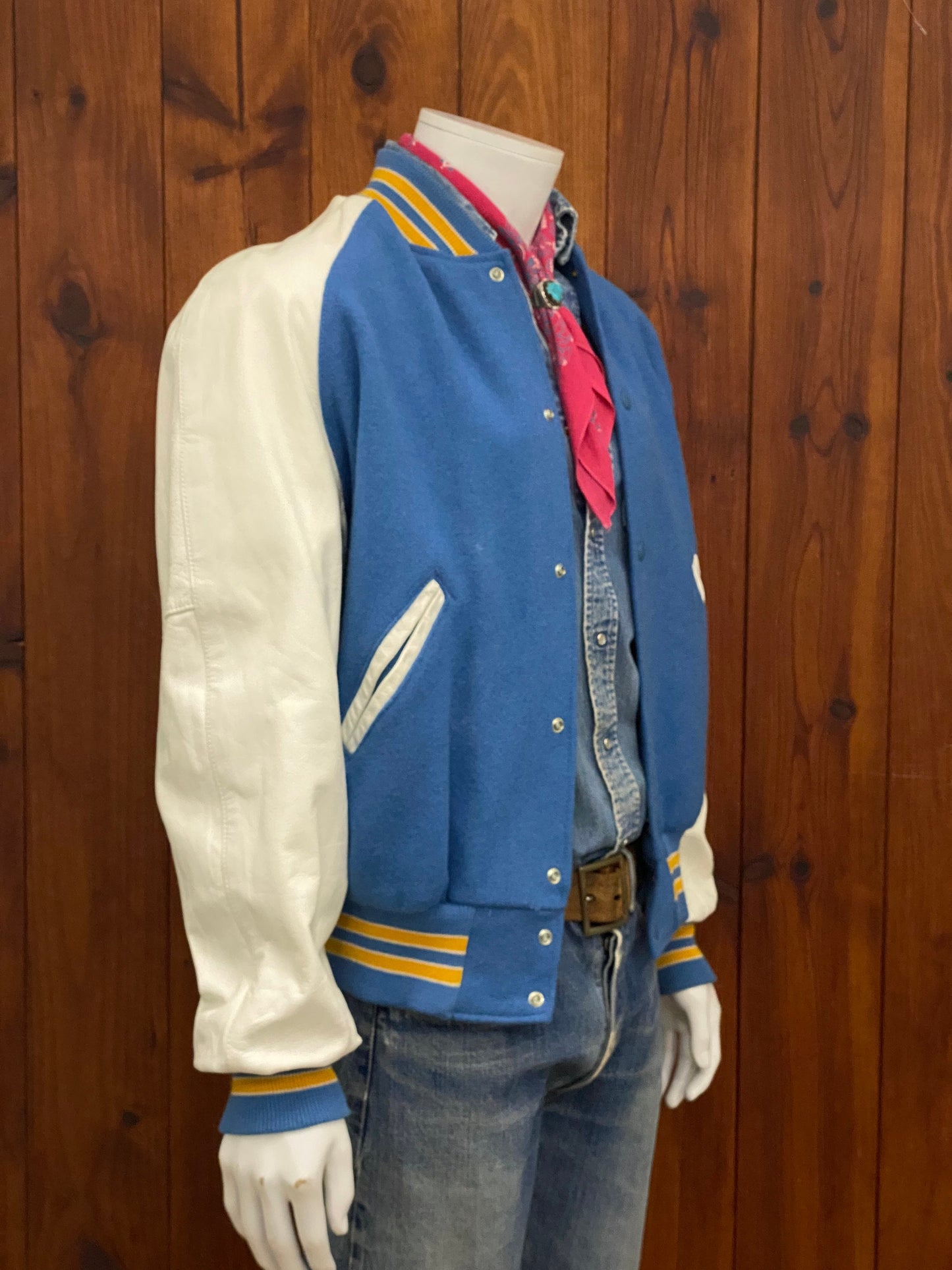 Size Medium. Leather sleeve Vintage 90s Varsity jacket Made In USA