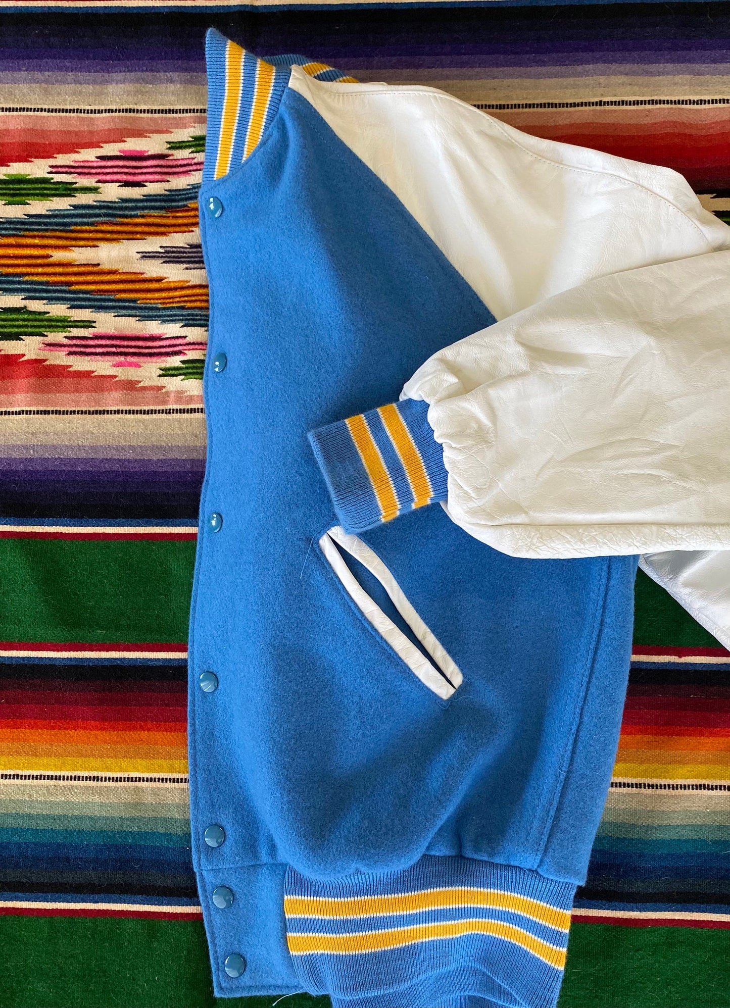 Size Medium. Leather sleeve Vintage 90s Varsity jacket Made In USA