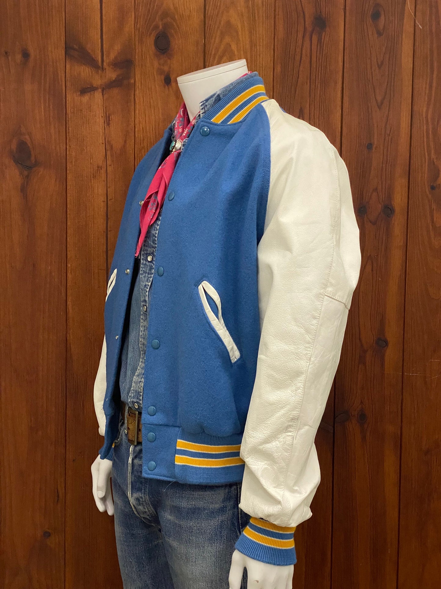 Size Medium. Leather sleeve Vintage 90s Varsity jacket Made In USA