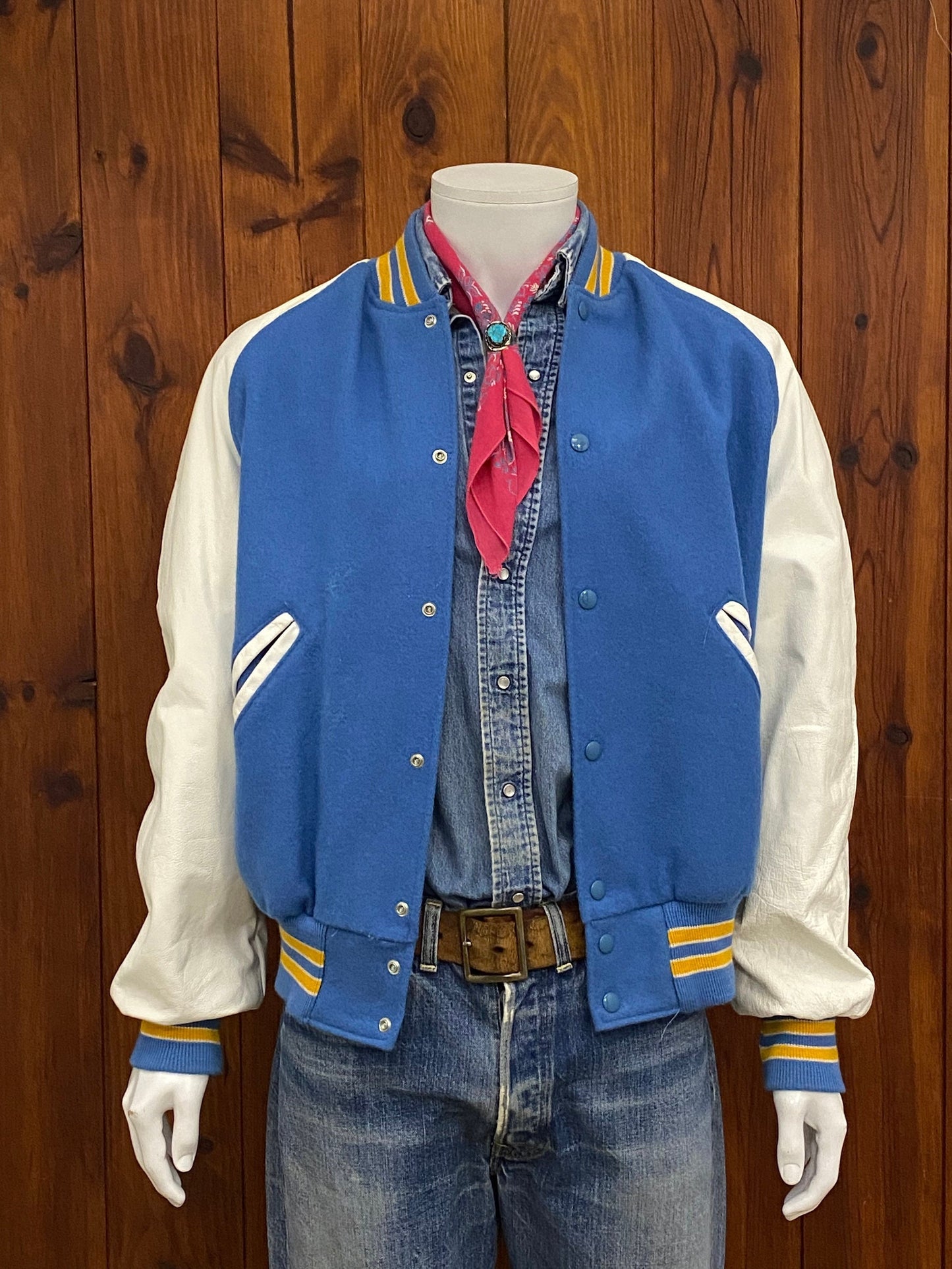 Size Medium. Leather sleeve Vintage 90s Varsity jacket Made In USA