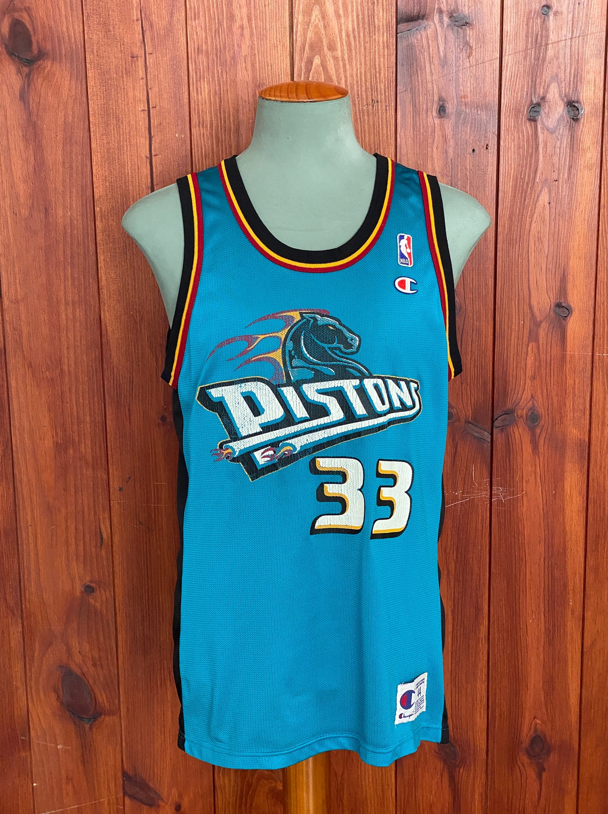 Vintage 90s NBA Champion Detroit Pistons Hill #33 jersey, size 44 - front view. Made in USA by Champion.