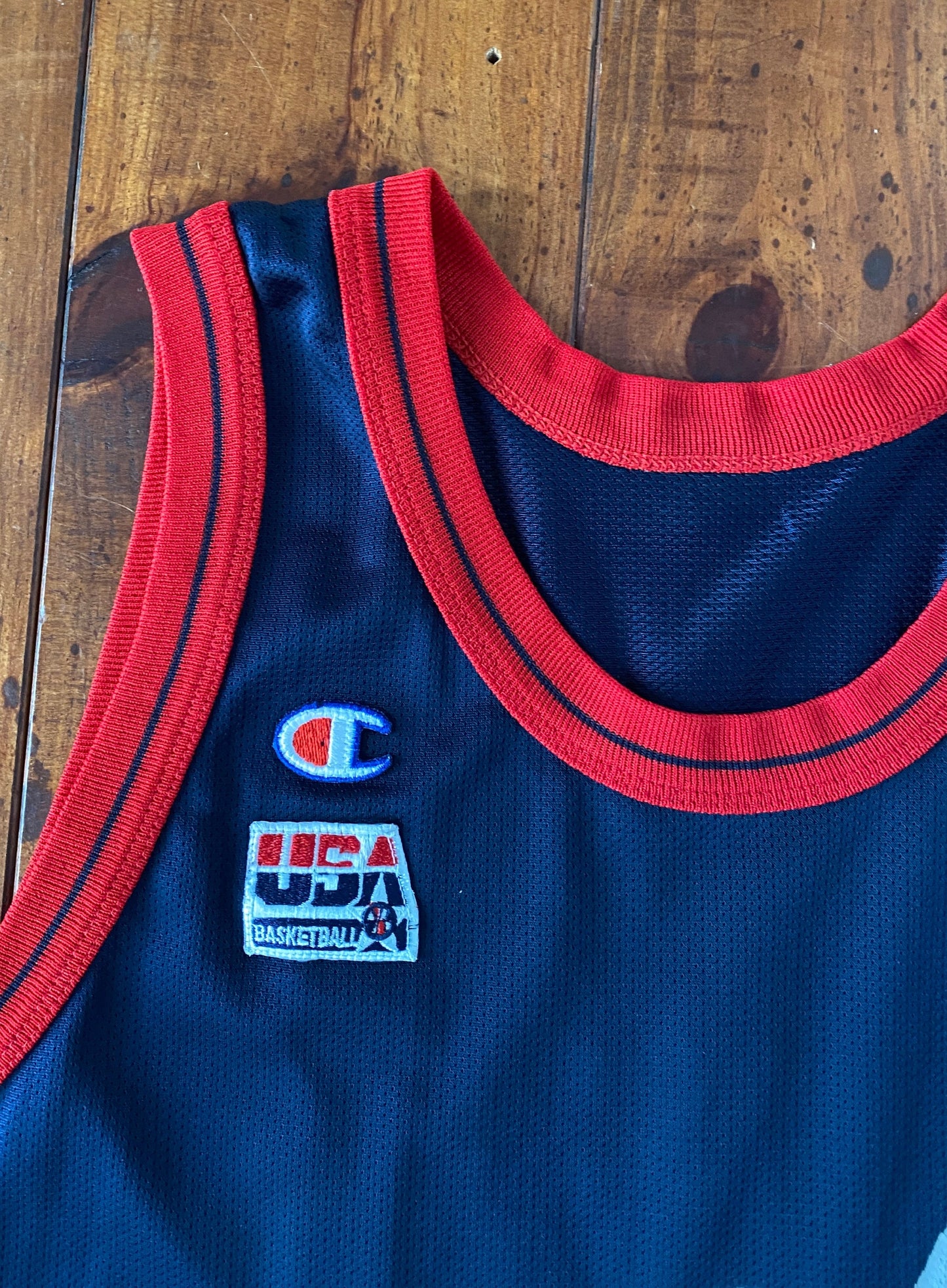 Vintage 90s NBA Champion USA Olympics Dream Team jersey, size 44, featuring Shaq O'Neal #13 - front view. Made in USA.