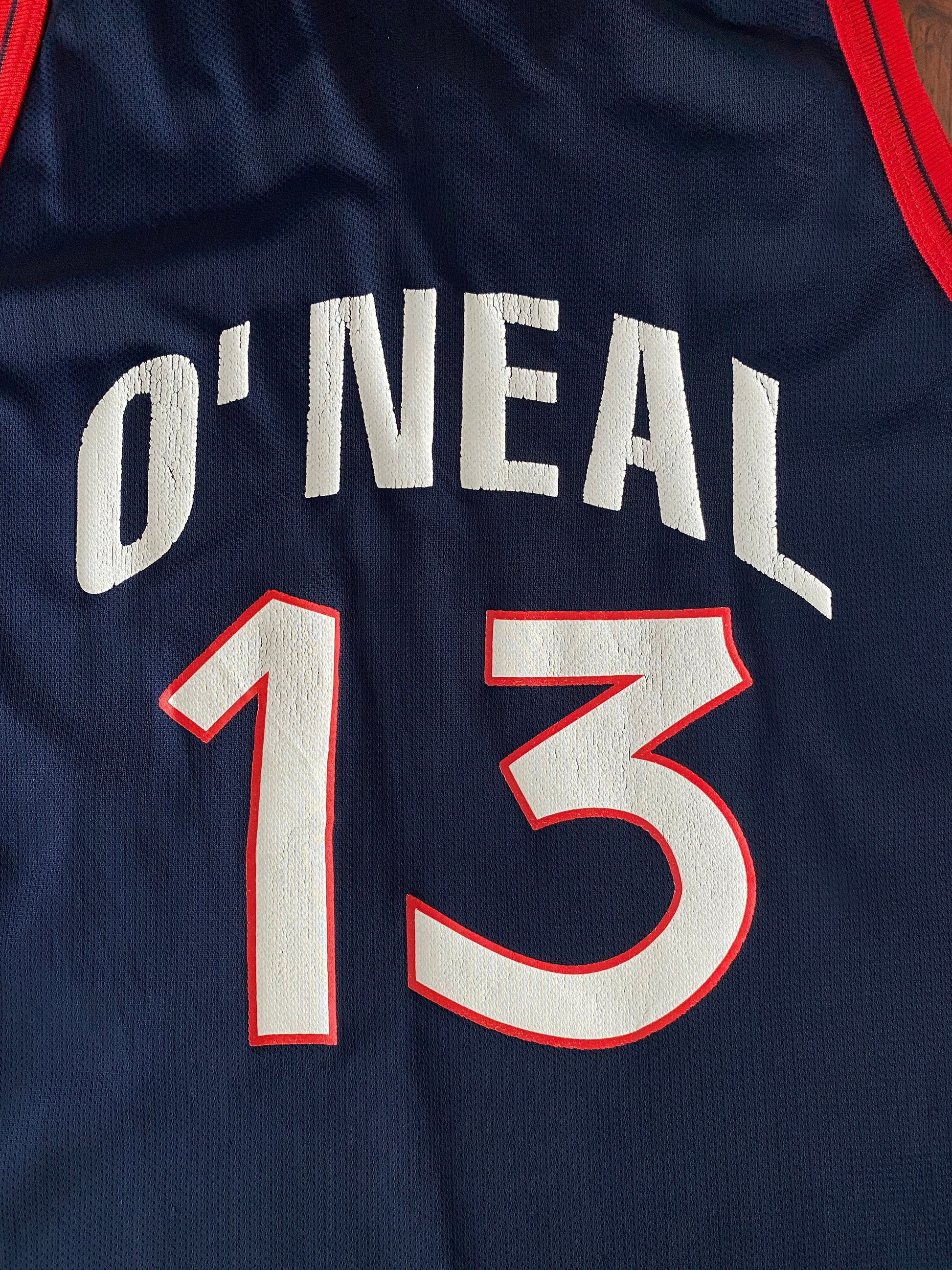 Vintage 90s NBA Champion USA Olympics Dream Team jersey, size 44, featuring Shaq O'Neal #13 - back view. Made in USA.
