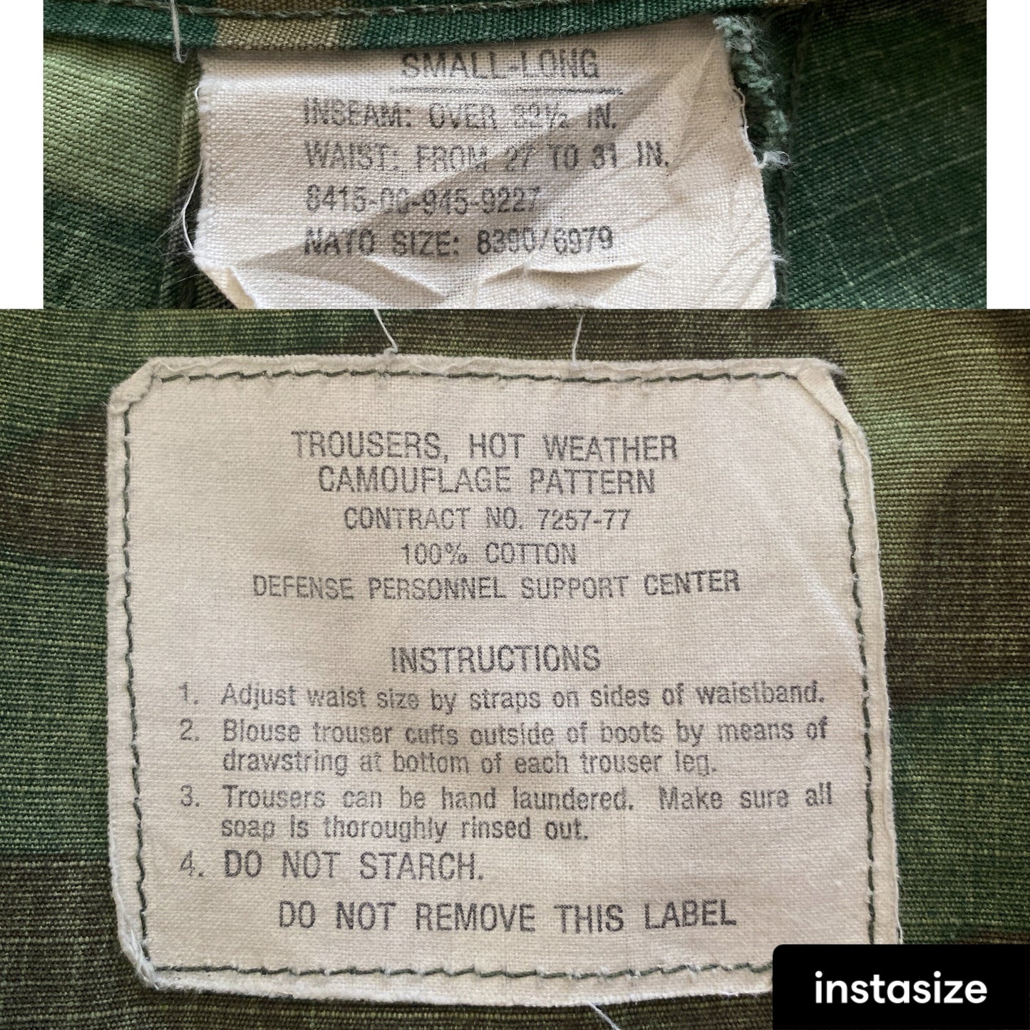 Small long. Authentic US Army 1977 camouflage jungle pants.