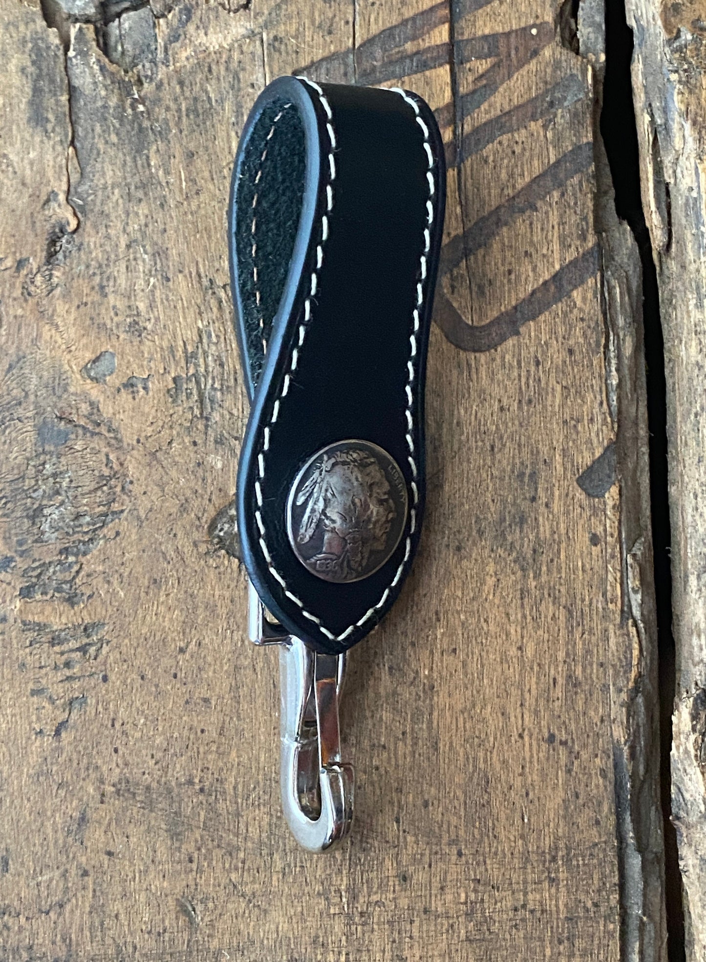 5 Cents buffalo nickel black Leather key holder hand made in Barcelona