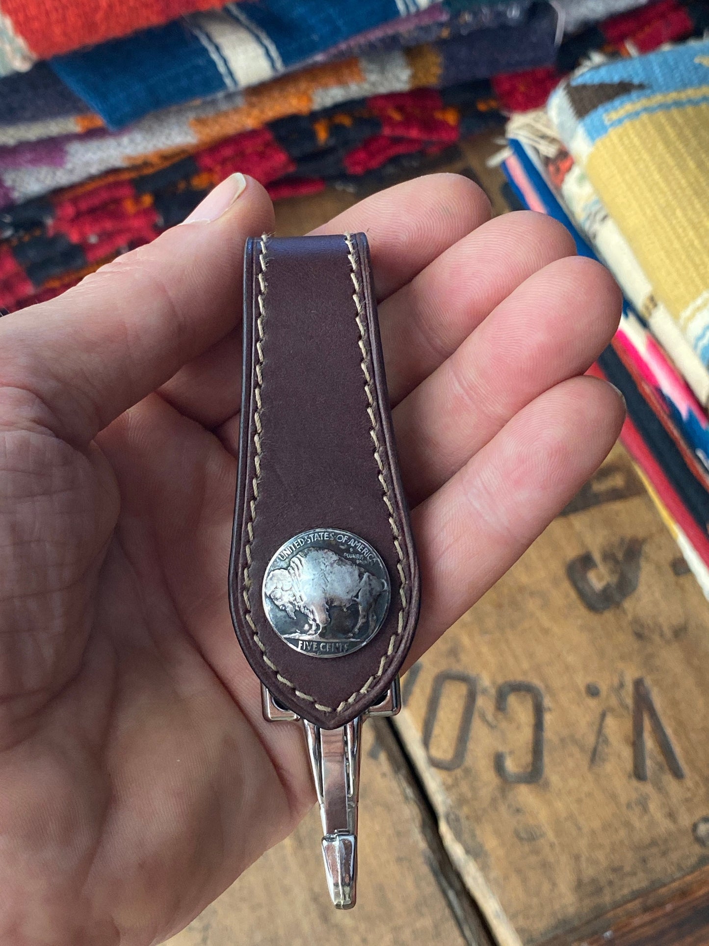 Vintage buffalo nickel Brown Leather key holder hand made in Barcelona