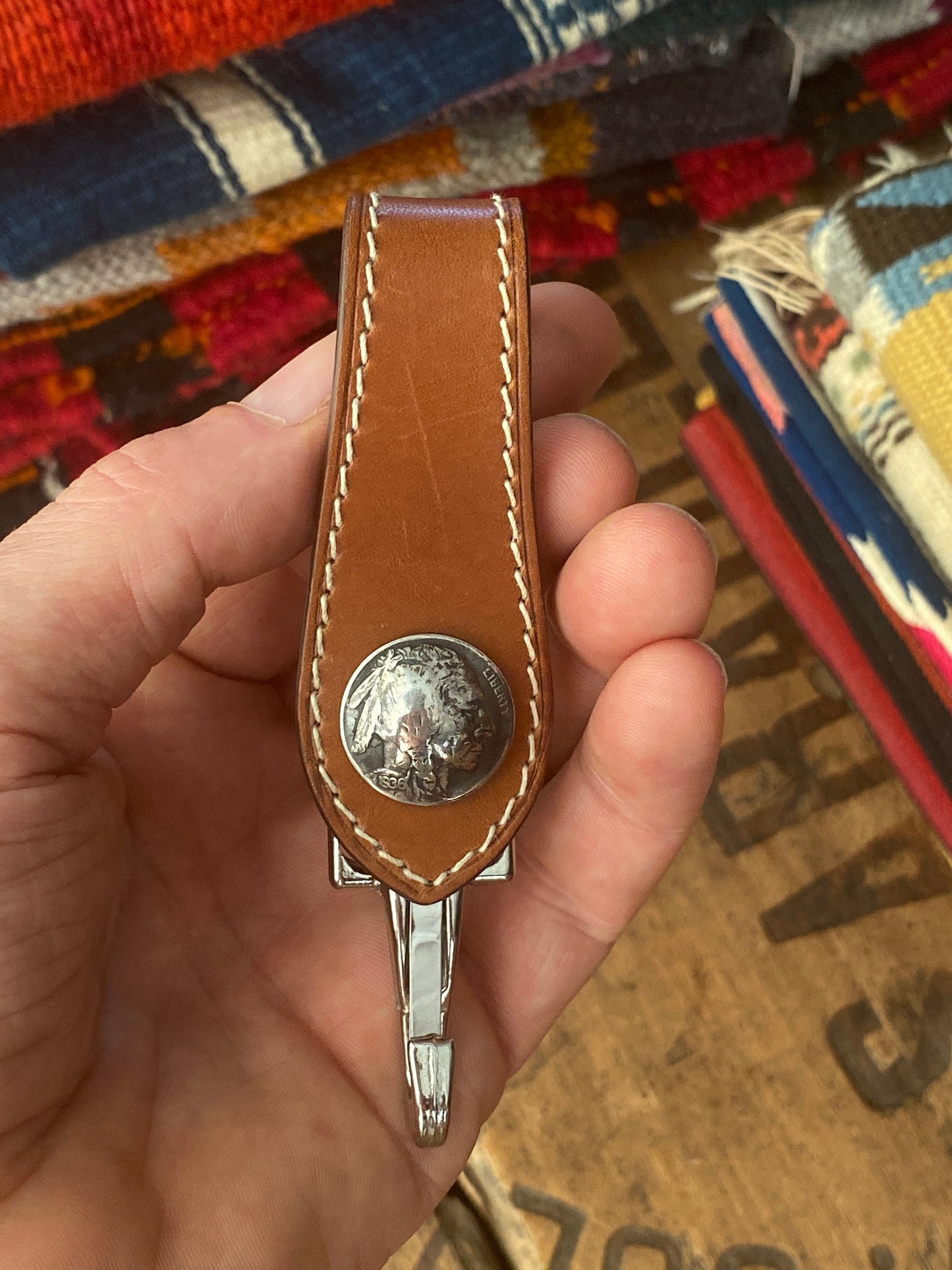 Authentic USA buffalo nickel coin Brown Leather key holder hand made in Barcelona