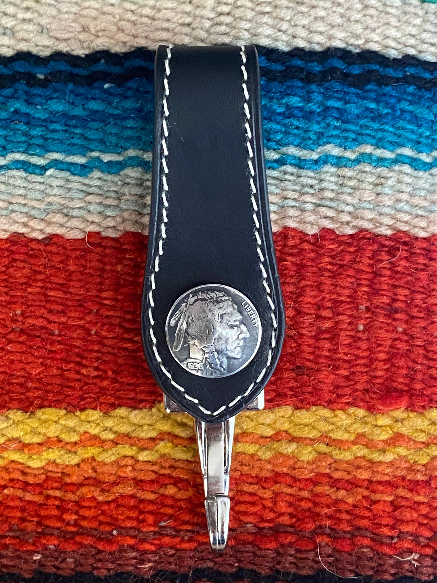 5 Cents buffalo nickel black Leather key holder hand made in Barcelona