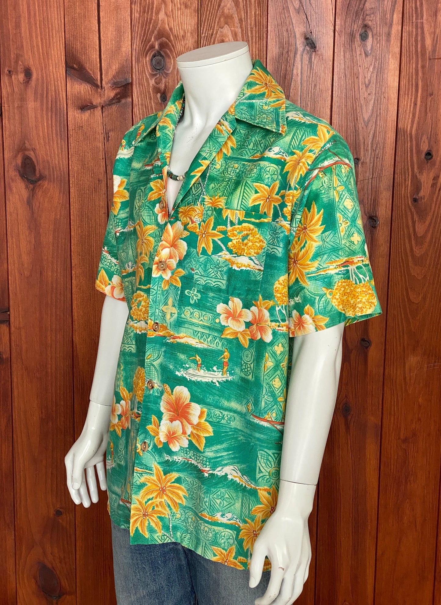 Large tall. Vintage 70s Hawaiian satin cotton shirt