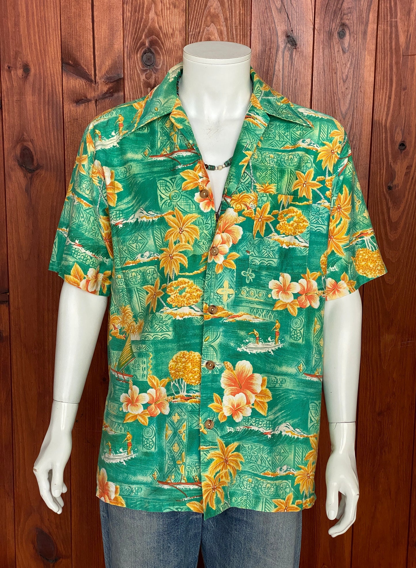 Large tall. Vintage 70s Hawaiian satin cotton shirt