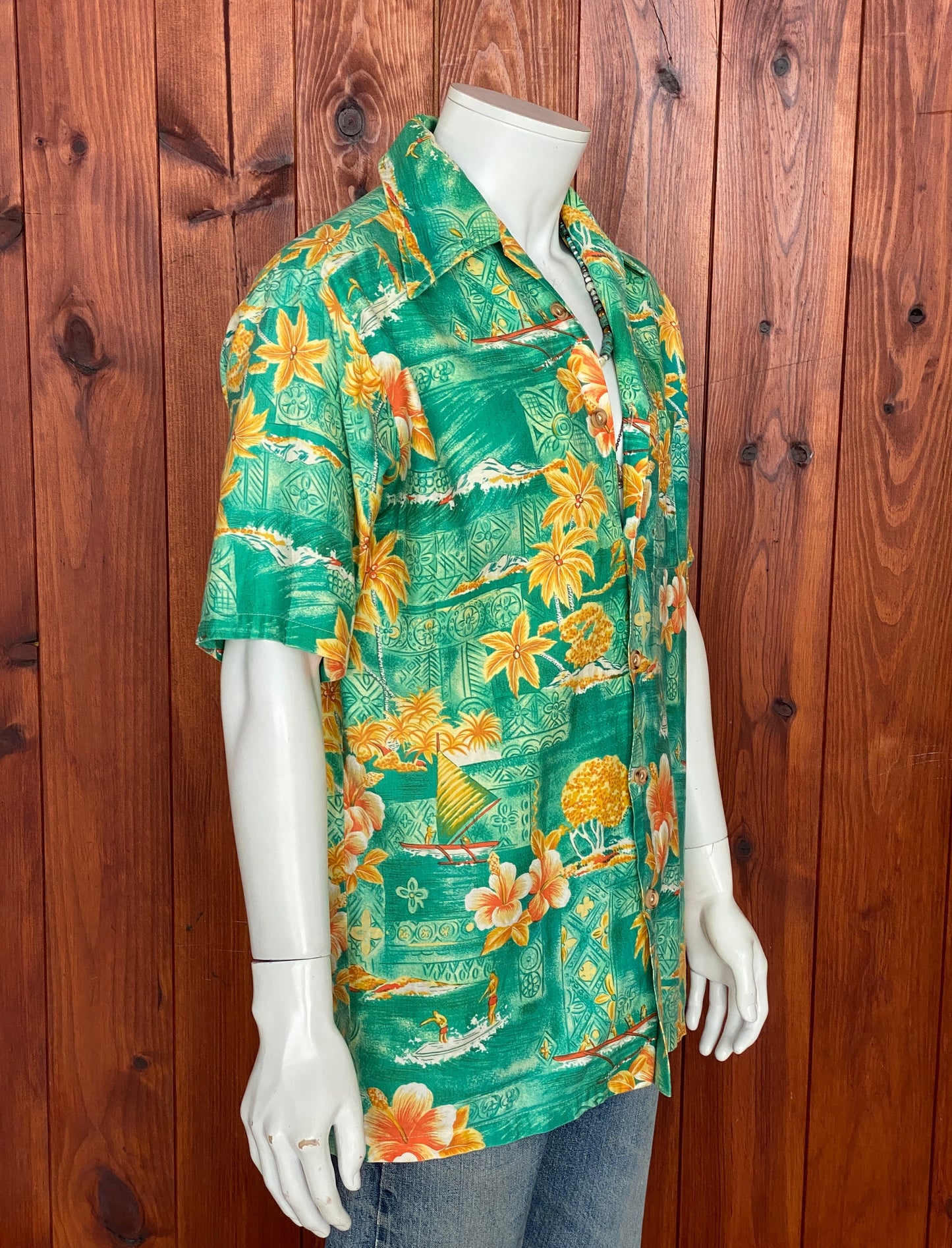 Large tall. Vintage 70s Hawaiian satin cotton shirt