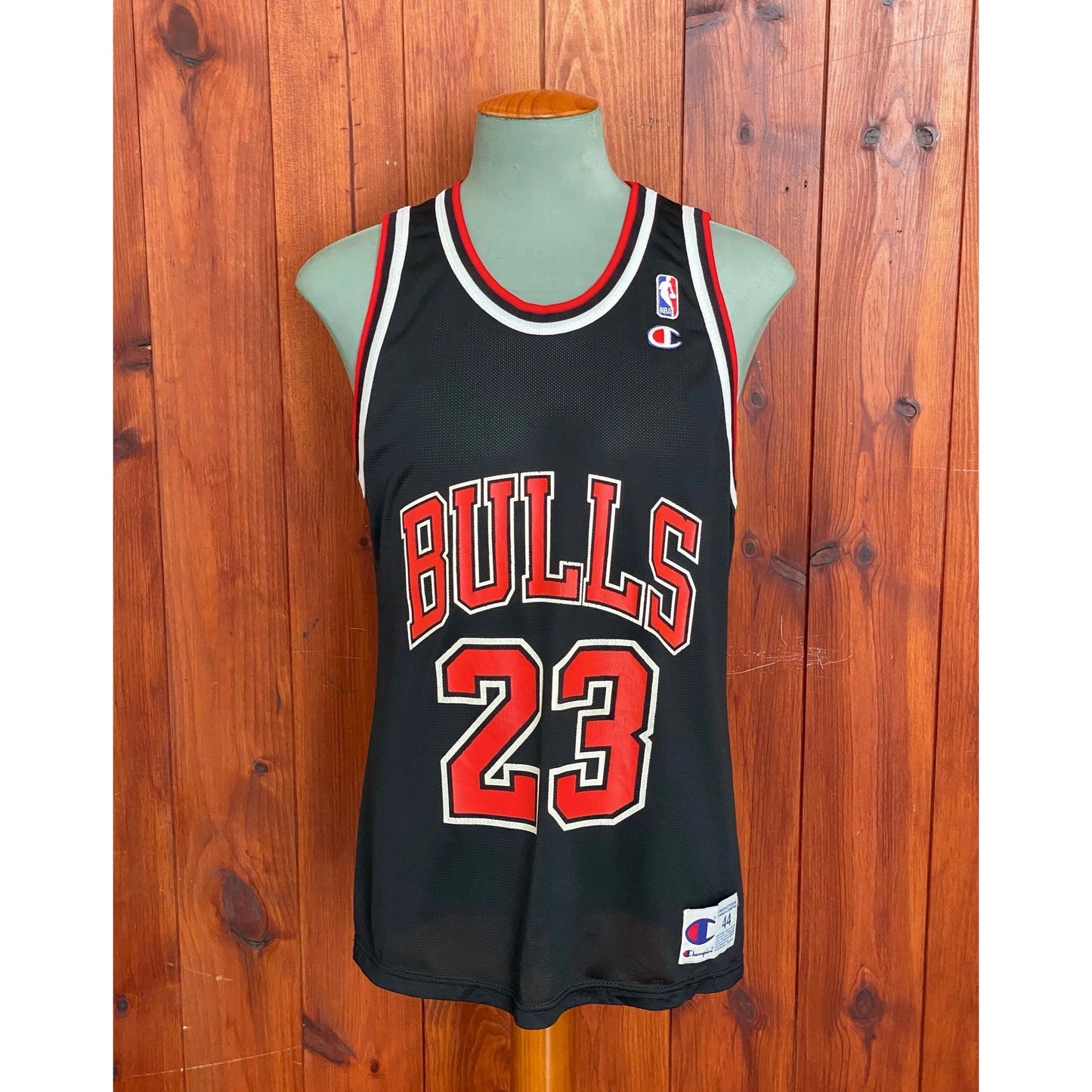 Vintage 90s NBA Chicago Bulls Michael Jordan #23 jersey, size 44 - front view. Made in USA by Champion.