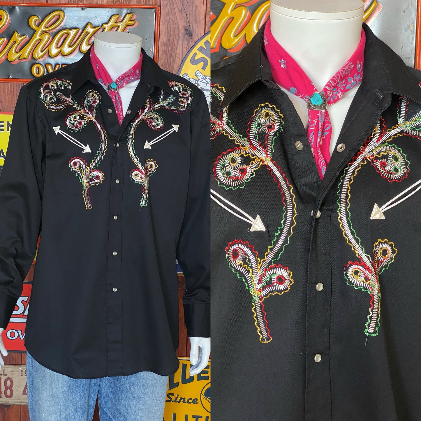 Size Med/Large. Vintage 70s embroidered H Bar C western shirt