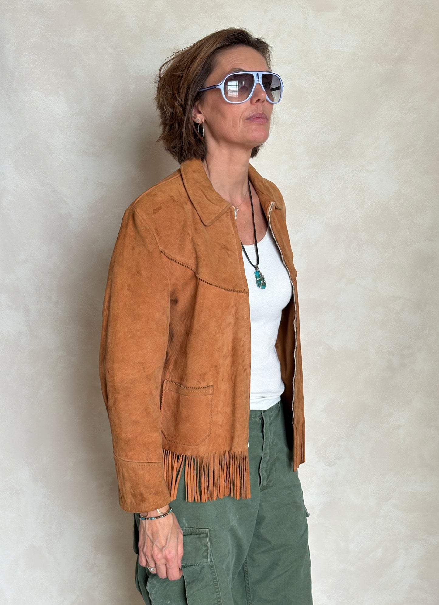 60s Distress women western suede fringe jacket Size 38US