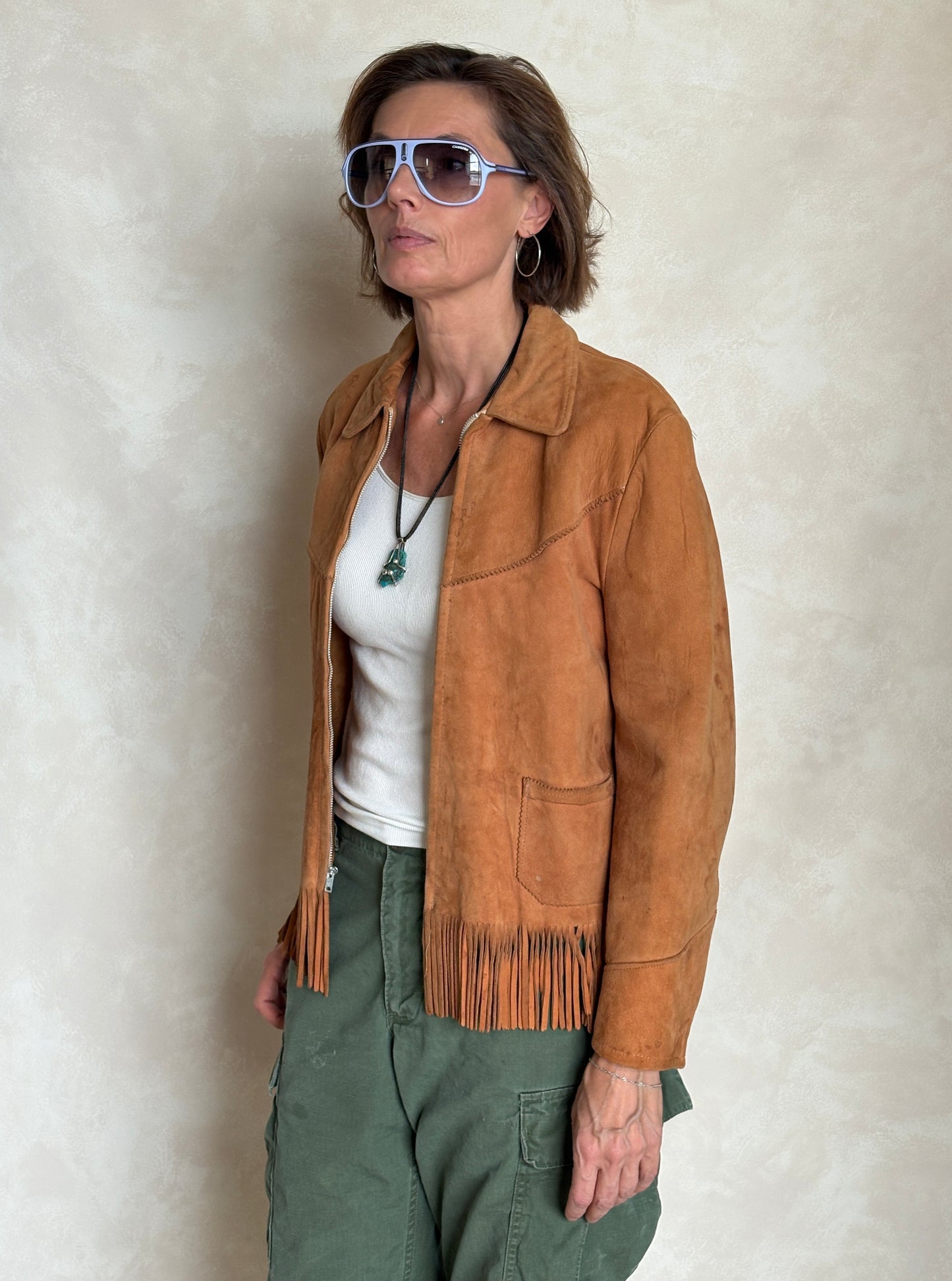60s Distress women western suede fringe jacket Size 38US