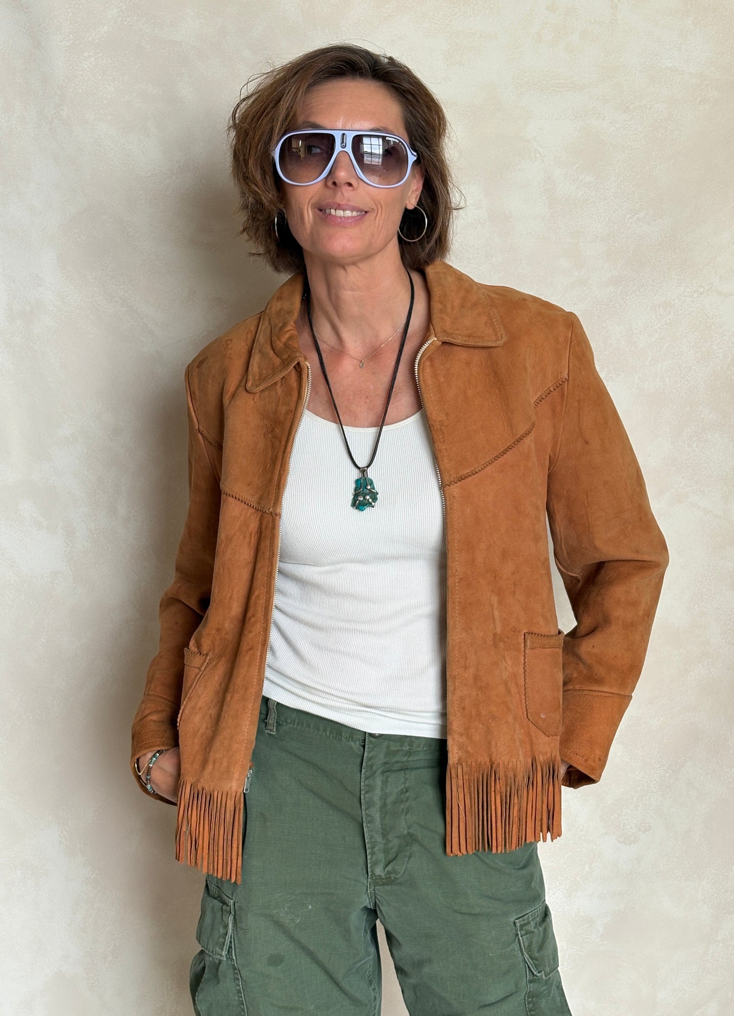 60s Distress women western suede fringe jacket Size 38US