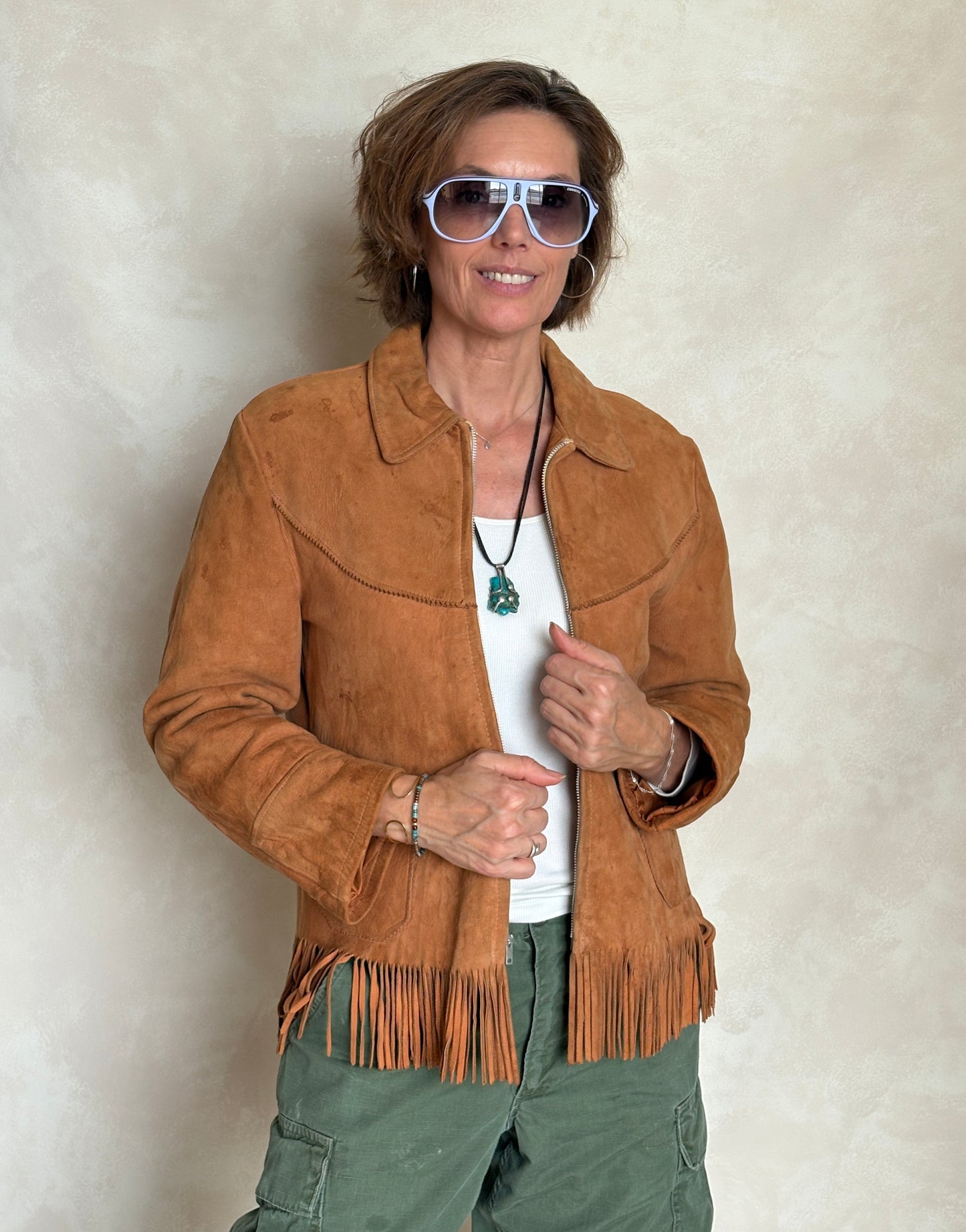 60s Distress women western suede fringe jacket Size 38US