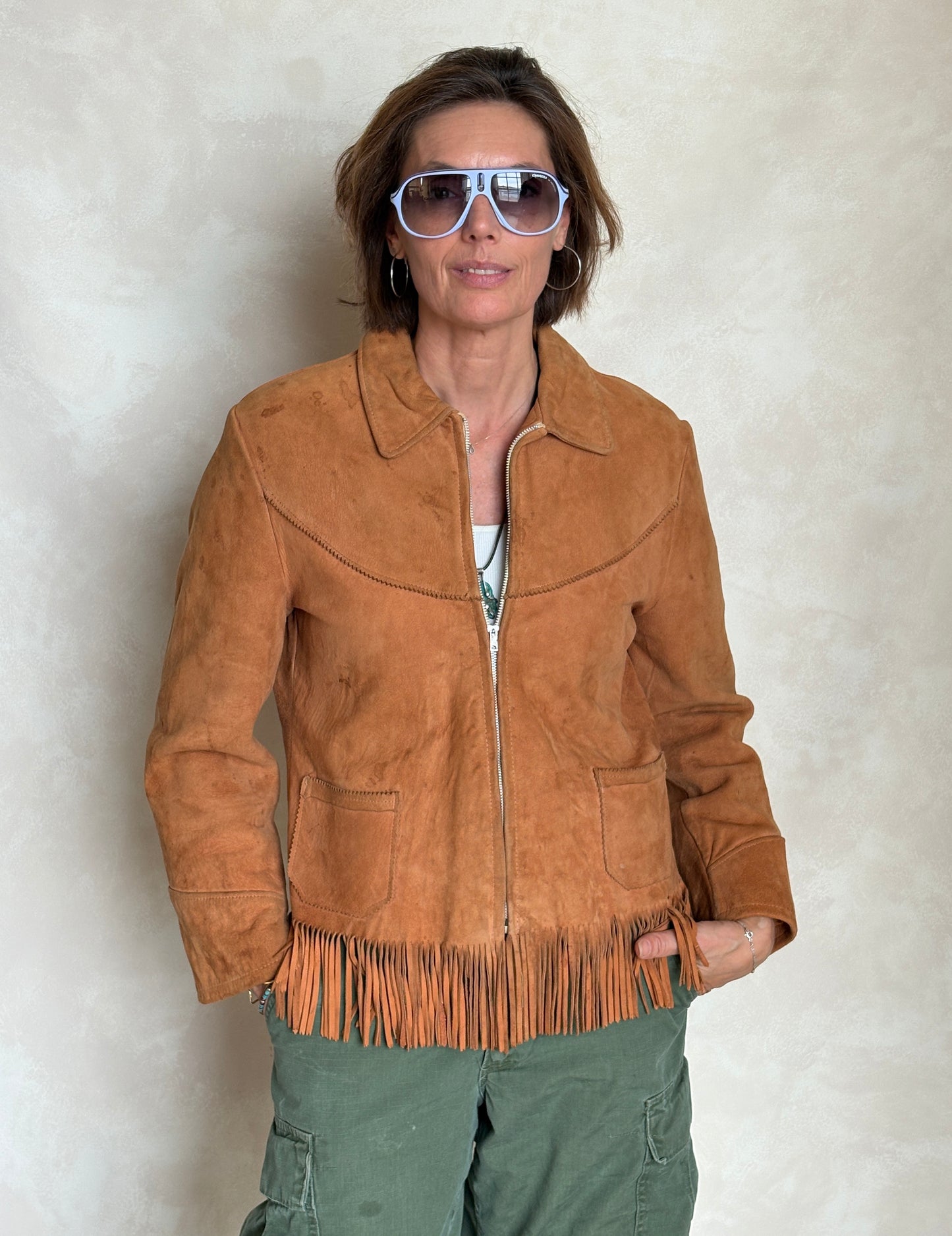60s Distress women western suede fringe jacket Size 38US