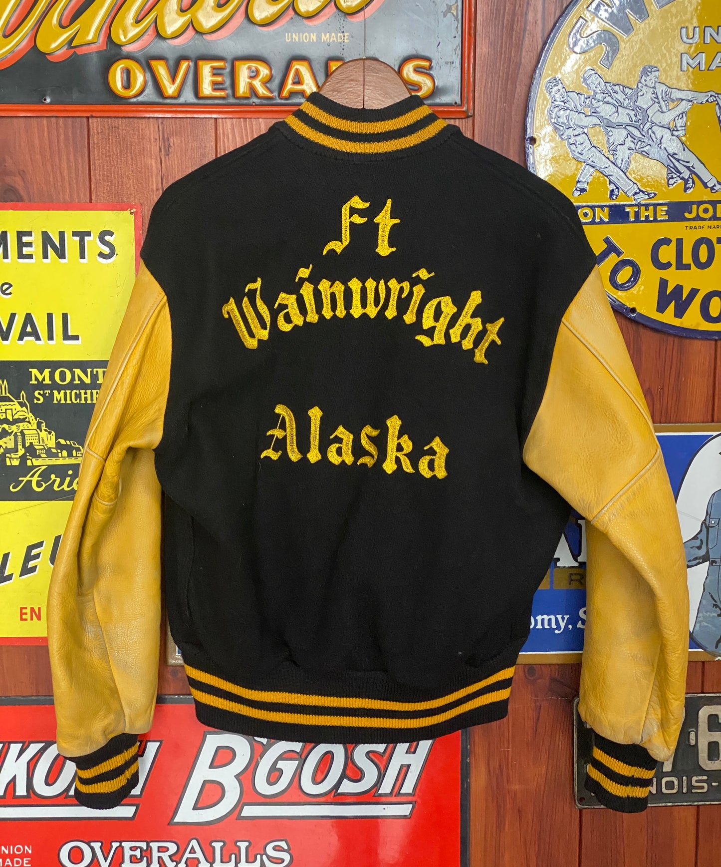 Vintage 1964 varsity jacket from Wainwright, Alaska, size 44 - back view.