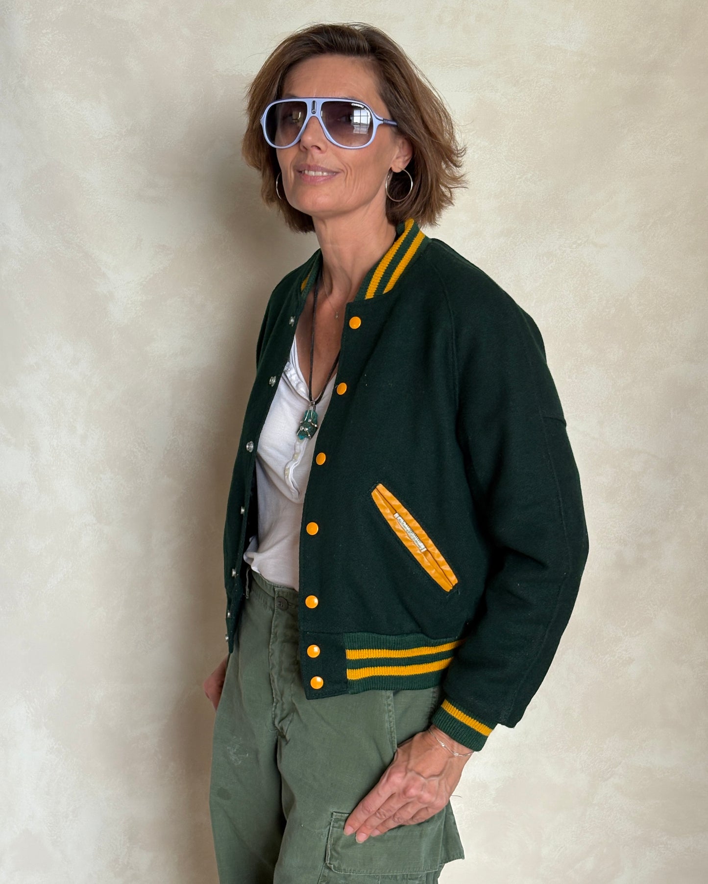 Size 18. Green Vintage 70s varsity jacket Made in USA