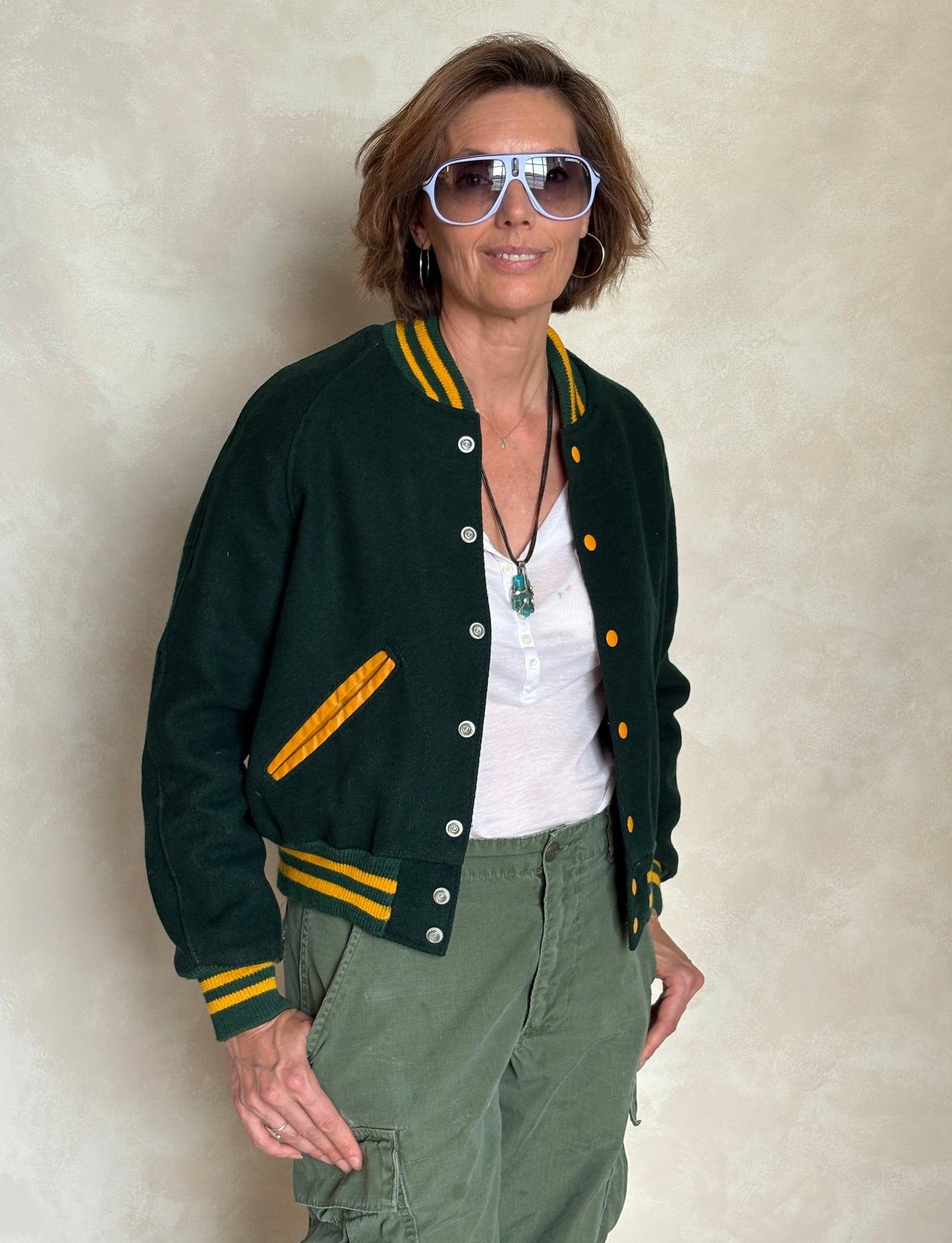 Size 18. Green Vintage 70s varsity jacket Made in USA
