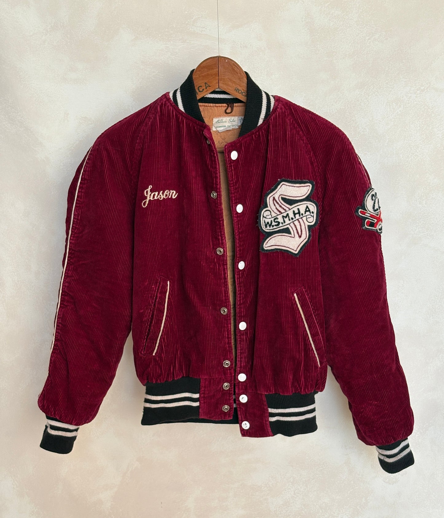 Size 34US / 44EU. Corduroy 70s varsity hockey jacket Made in Canada