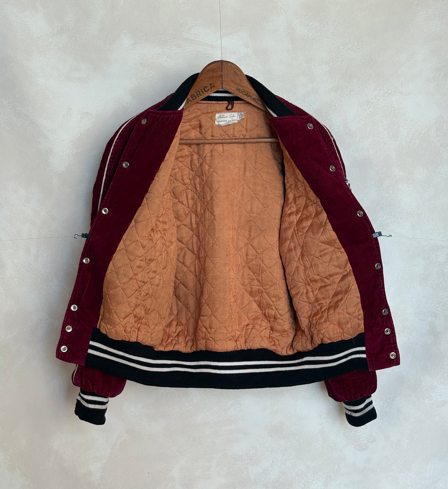 Size 34US / 44EU. Corduroy 70s varsity hockey jacket Made in Canada